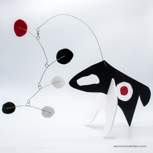 KinetiCats Collection Dog in Black, White, Red - one of 12 Modern Cute Abstract Animal Art Sculpture Kinetic Stabiles inspired by Dada and mid century modern style art by AtomicMobiles.com