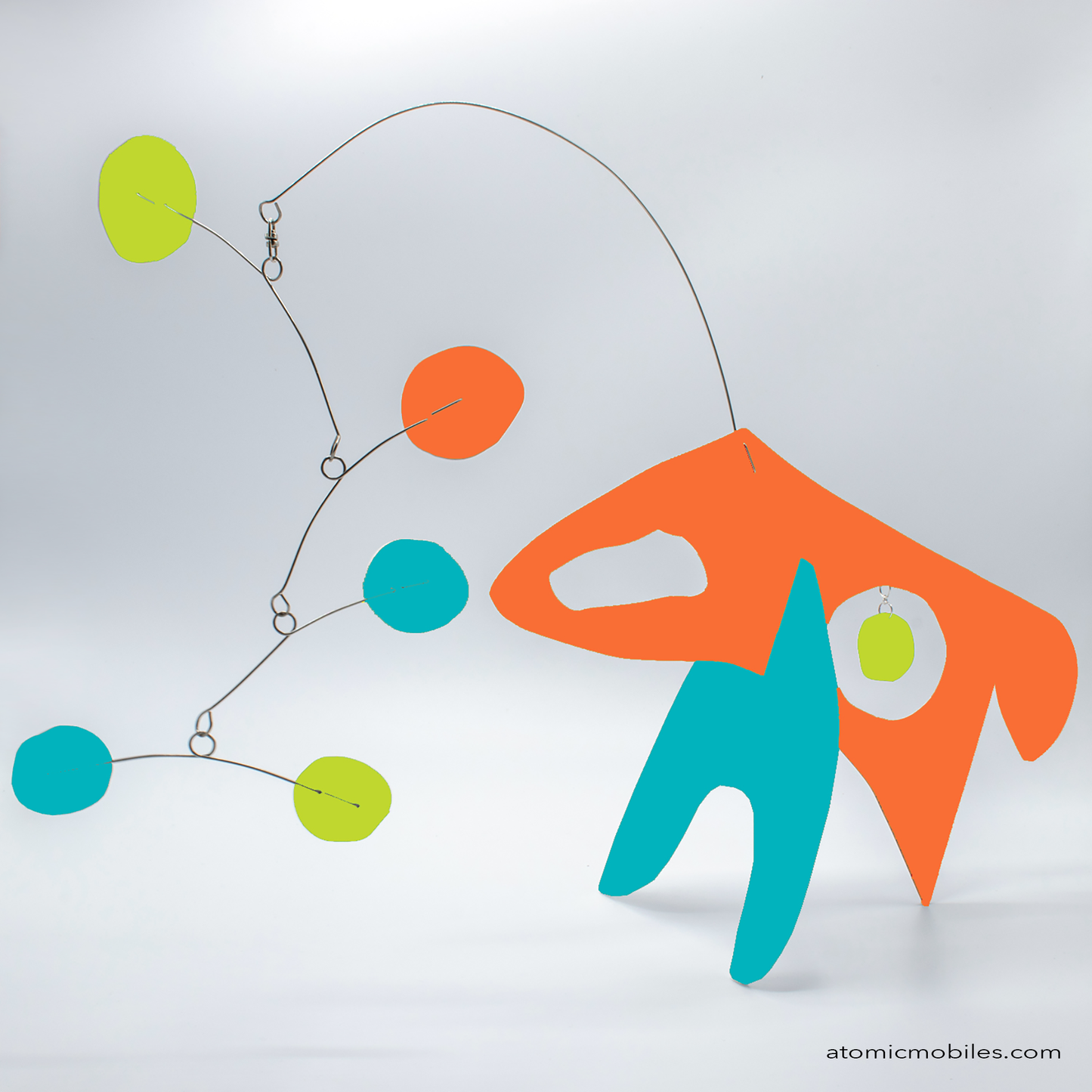 KinetiCats Collection Dog in Orange, Aqua, and Lime Green - one of 12 Modern Cute Abstract Animal Art Sculpture Kinetic Stabiles inspired by Dada and mid century modern style art by AtomicMobiles.com