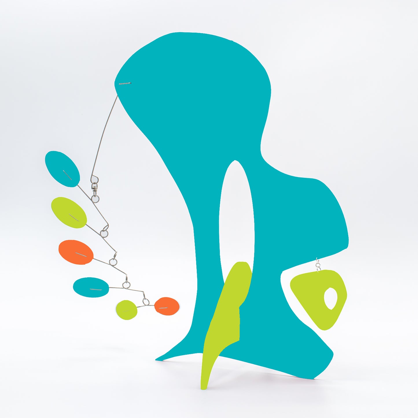 KinetiCats Collection Monkey in Aqua, Orange, and Lime Green - one of 12 Modern Cute Abstract Animal Art Sculpture Kinetic Stabiles inspired by Dada and mid century modern style art by AtomicMobiles.com