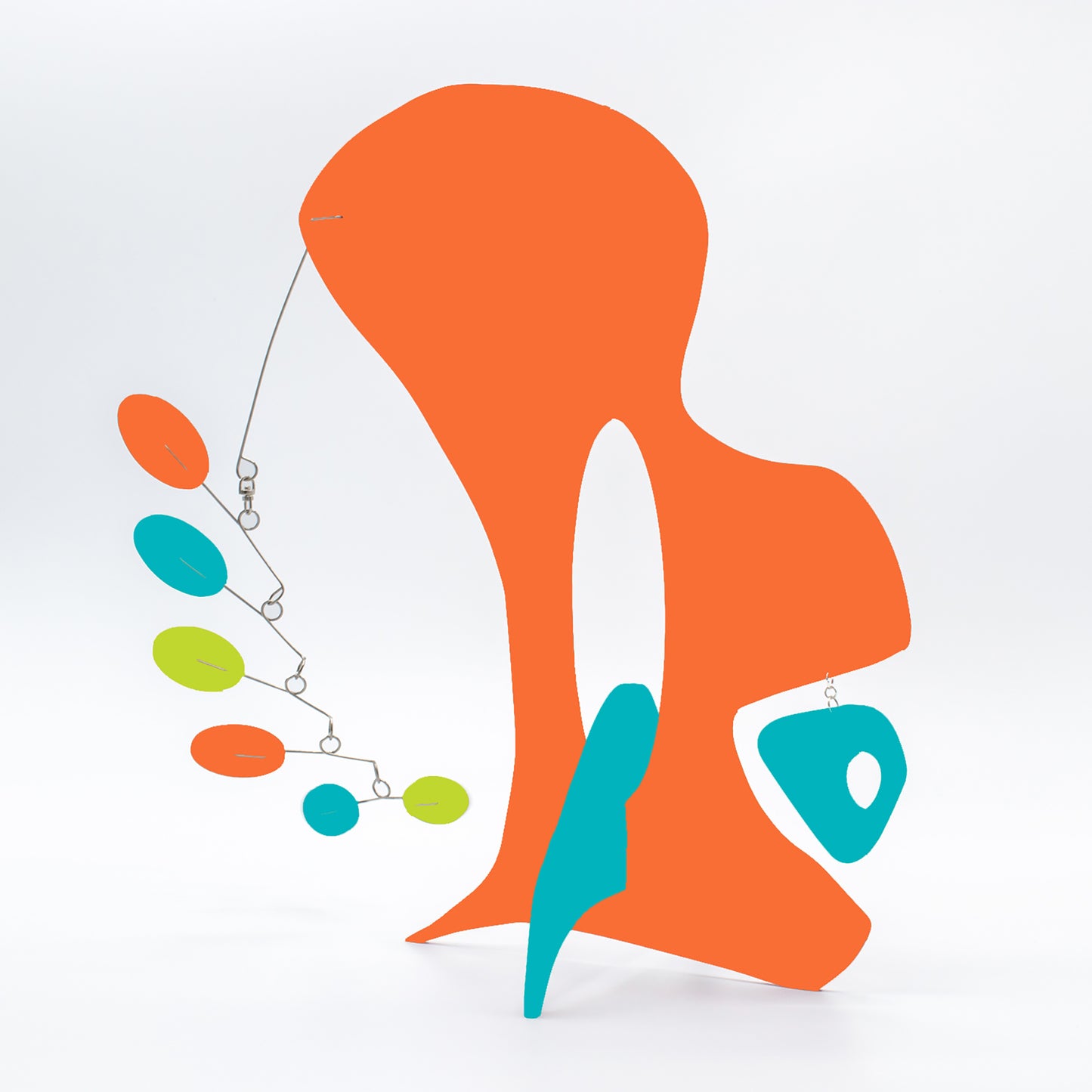 KinetiCats Collection Monkey in Orange, Lime Green, and Aqua - one of 12 Modern Cute Abstract Animal Art Sculpture Kinetic Stabiles inspired by Dada and mid century modern style art by AtomicMobiles.com