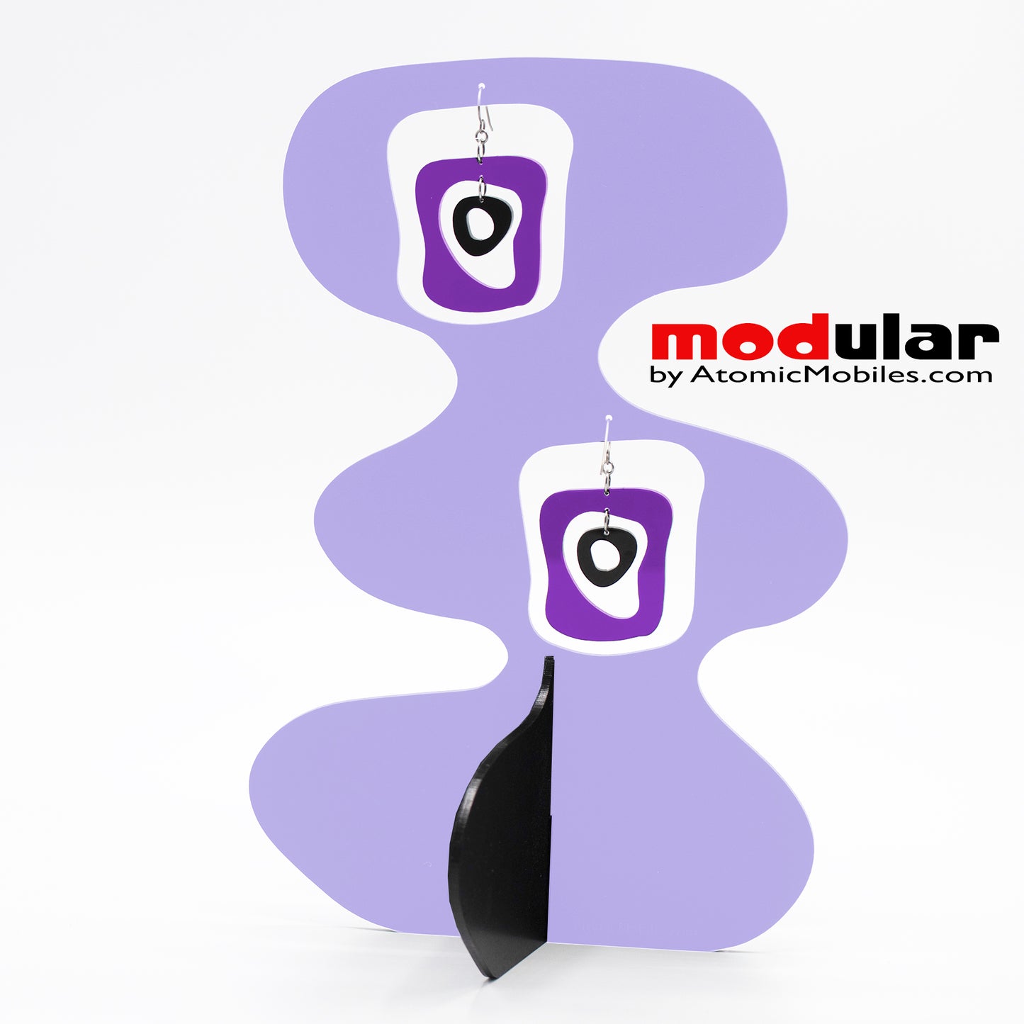 Handmade Mid Mod retro midcentury style earrings and stabile kinetic modern art sculpture in Lavender by AtomicMobiles.com