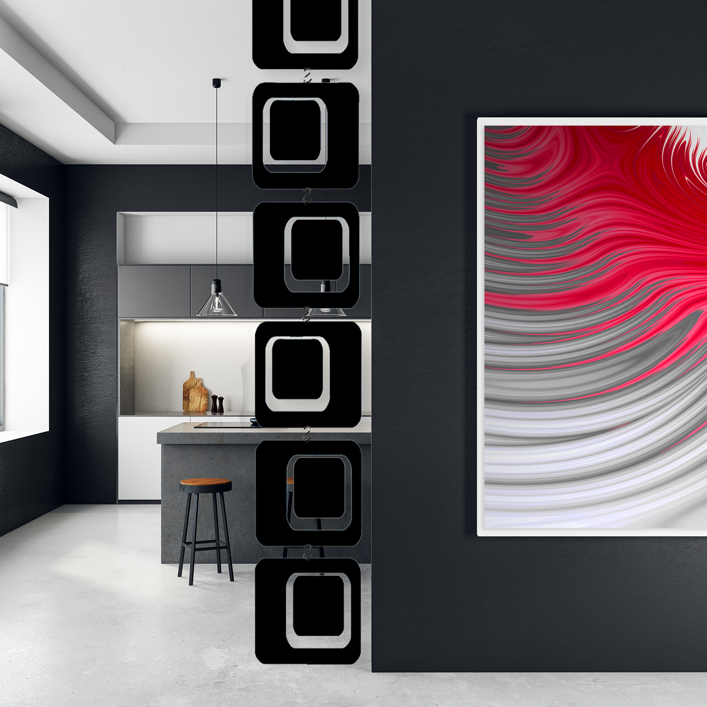 Dramatic Coolsville Vertical Art Mobile in contemporary modern kitchen with colorful abstract framed art - DIY Kit to make art mobiles and room dividers by AtomicMobiles.com