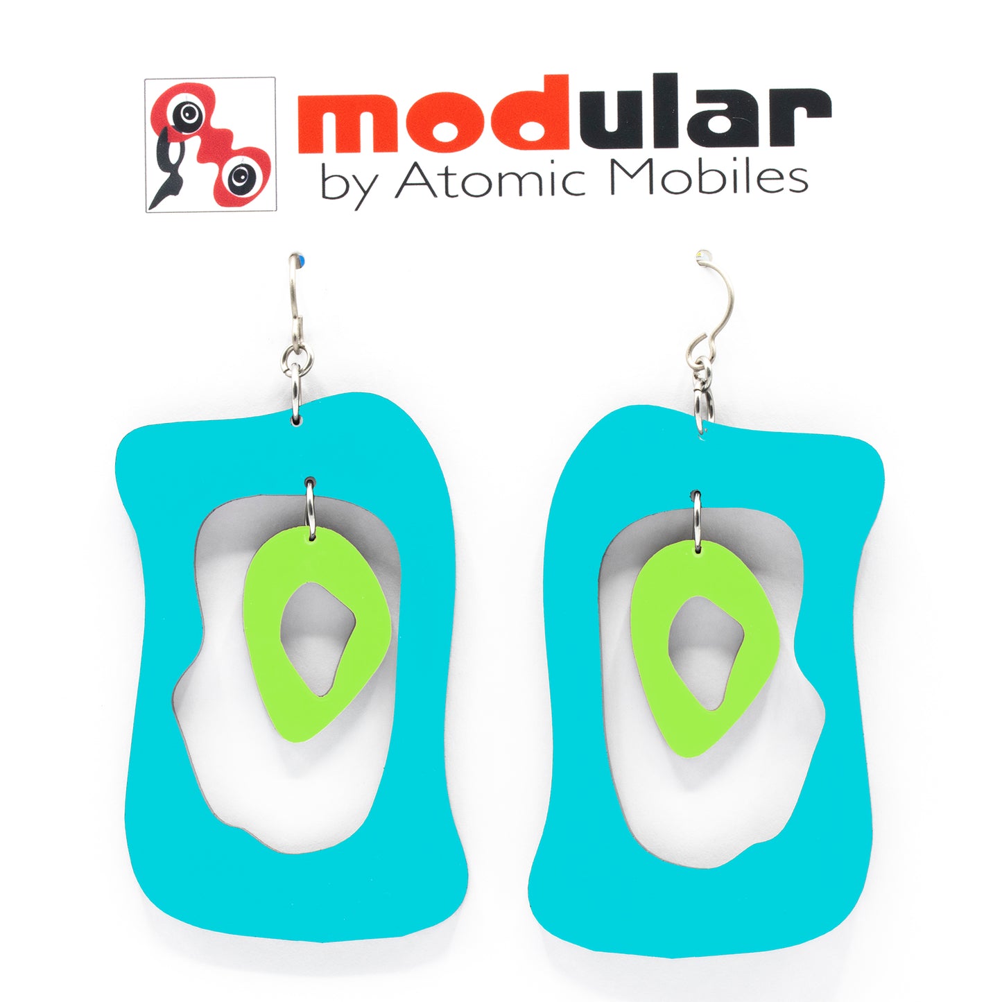 MODular Earrings - Modern Bliss Statement Earrings in Aqua and Lime by AtomicMobiles.com - retro era inspired mod handmade jewelry