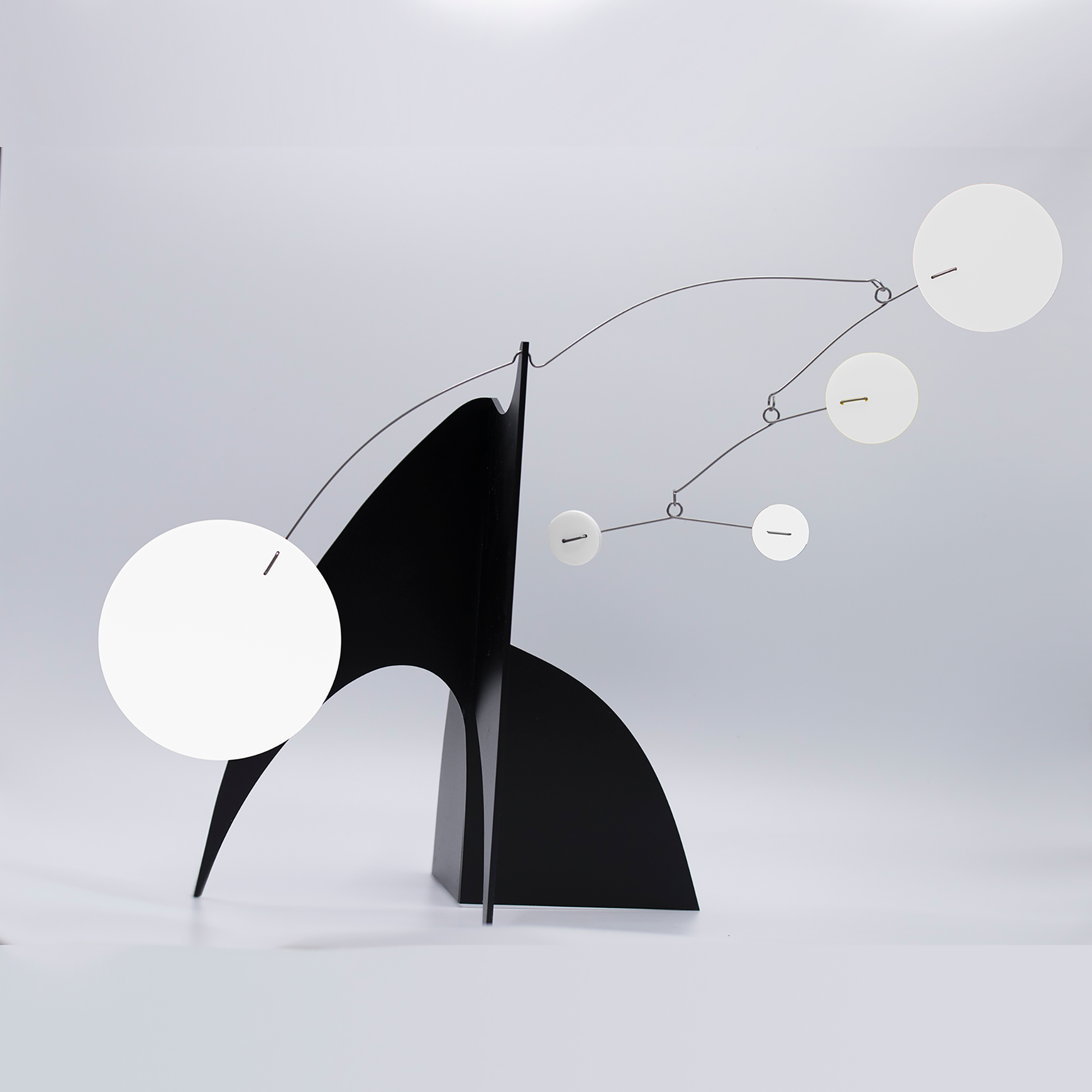 Beautiful Moderne Art Stabile in modernist minimalist colors of black and white - mid century modern inspired abstract modern art - tabletop kinetic art sculpture mobiles hand made with glossy plexiglass acrylic in Los Angeles by Debra Ann of AtomicMobiles.com