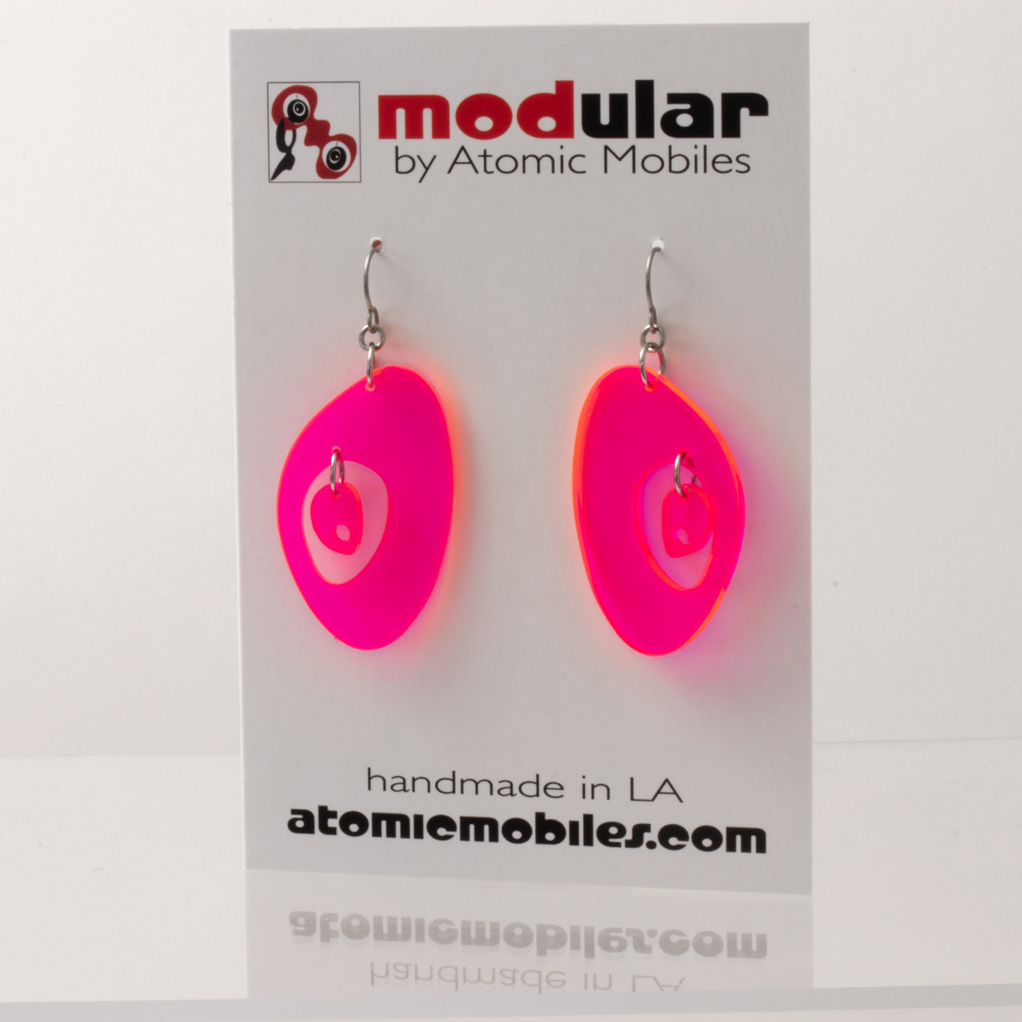 Modernist 1960s Mid Century Modern Style Earrings in Neon Fluorescent Hot Pink plexiglass acrylic by AtomicMobiles.com