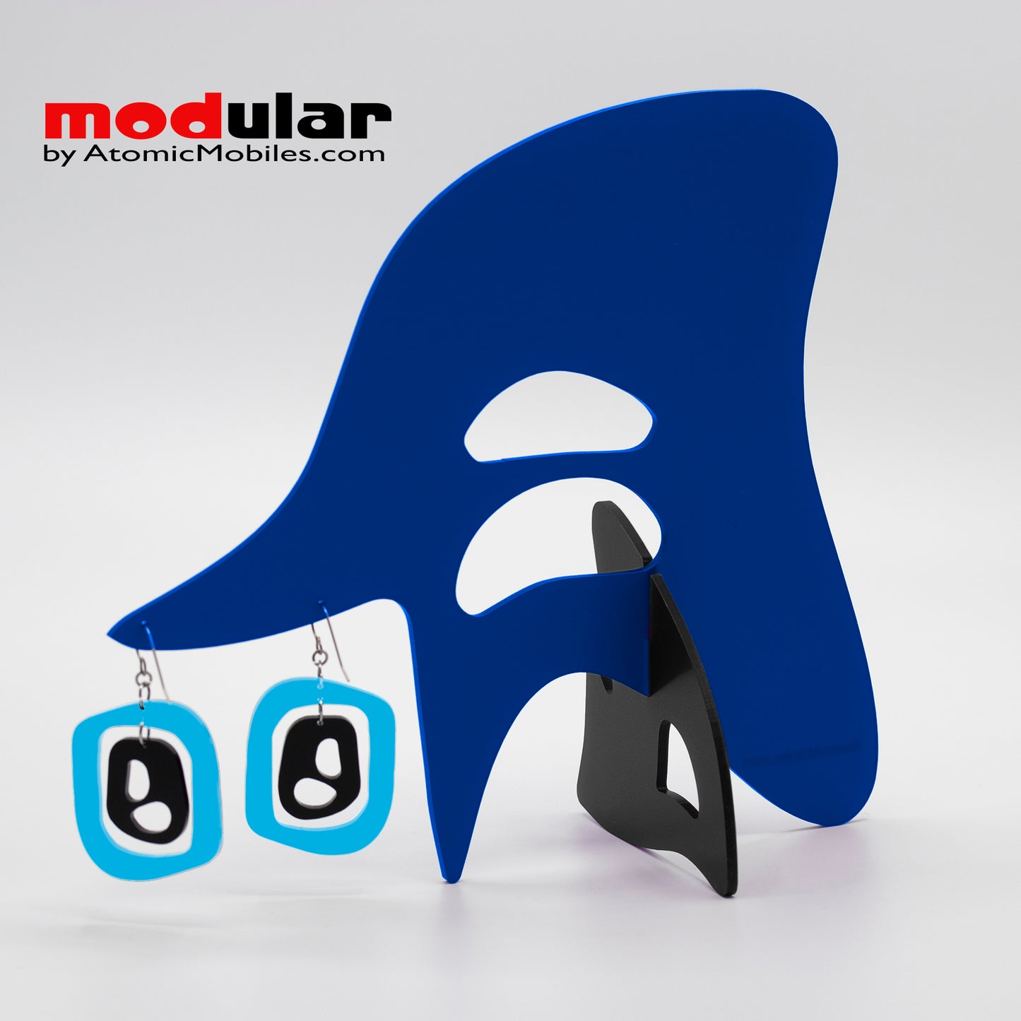 Handmade Mid 20th mod style earrings and stabile kinetic modern art sculpture in Navy Blue and Black by AtomicMobiles.com