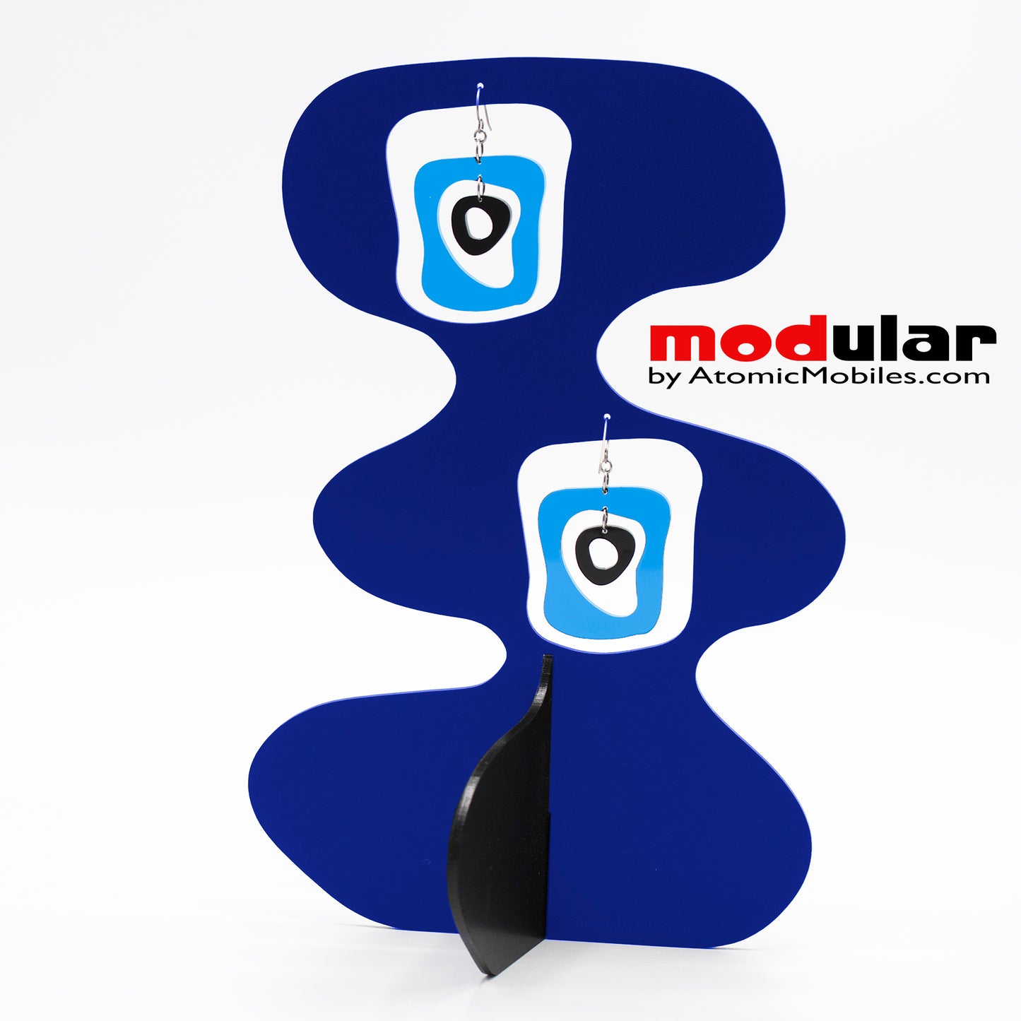 Handmade Mid Mod retro midcentury style earrings and stabile kinetic modern art sculpture in Navy Blue and Black by AtomicMobiles.com