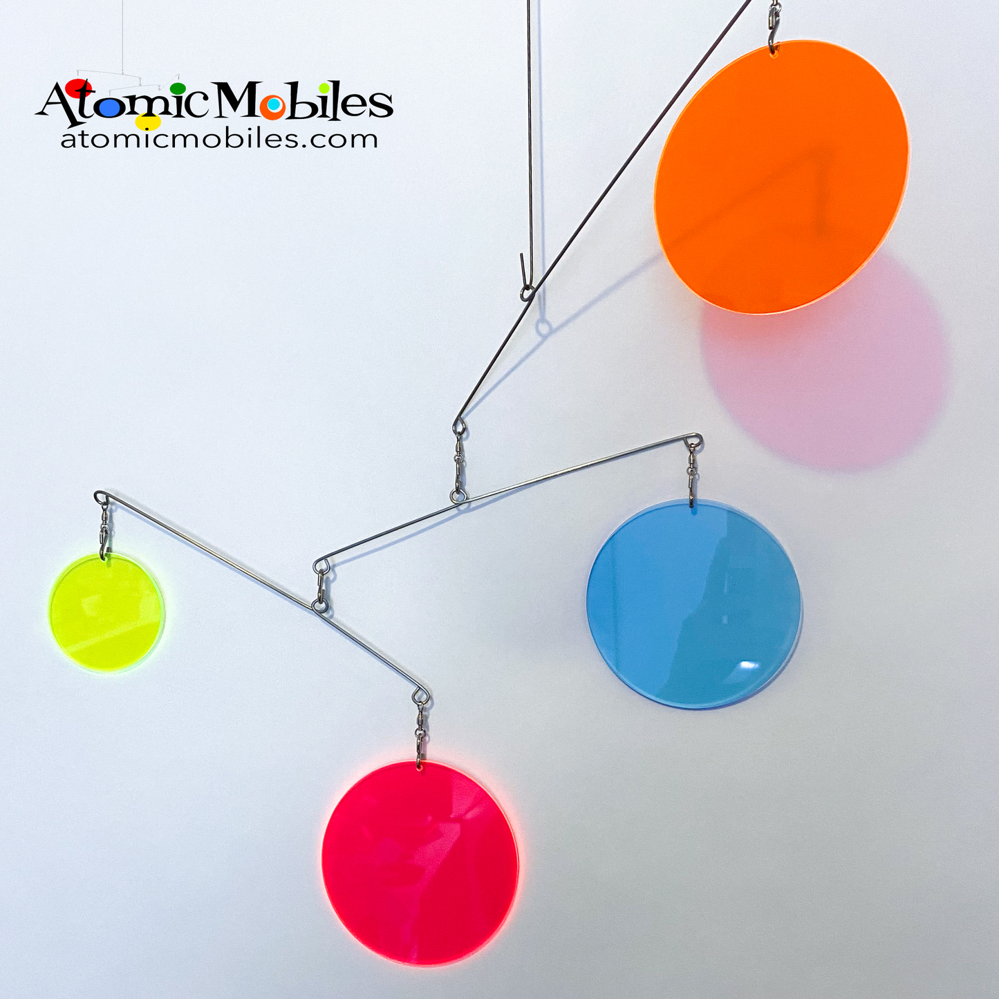 Neon Fluorescent Multi Color Hot Pink Lime Green Blue and Orange Atomic Mobile - hanging modern kinetic art mobiles by AtomicMobiles.com