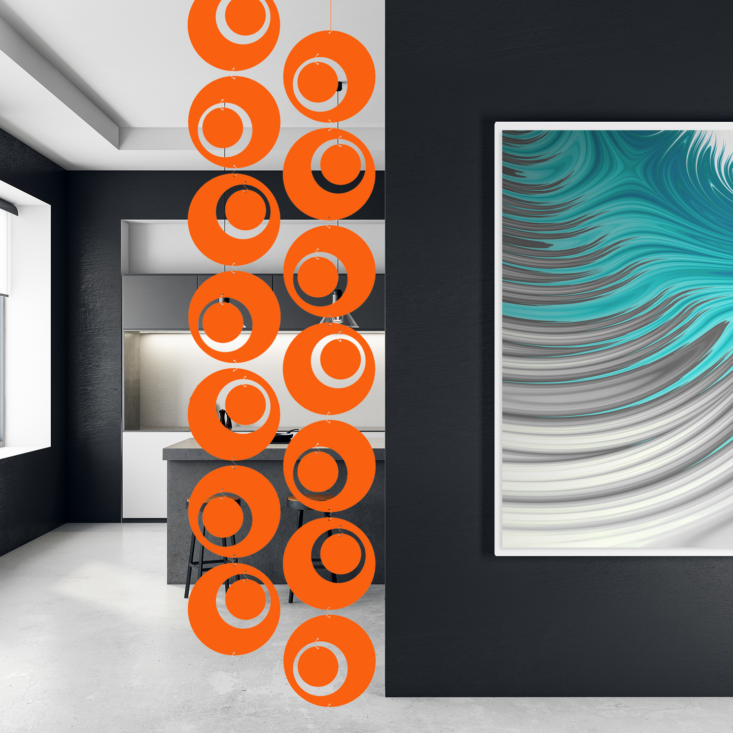 Retro mid century modern orange Groovy Hanging Art Mobile in contemporary kitchen with framed abstract art by AtomicMobiles.com