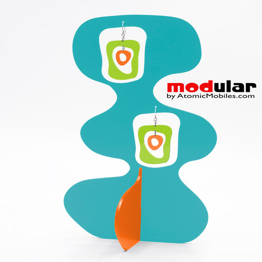 Handmade Mid Mod retro midcentury style earrings and stabile kinetic modern art sculpture in Aqua Lime and Orange by AtomicMobiles.com