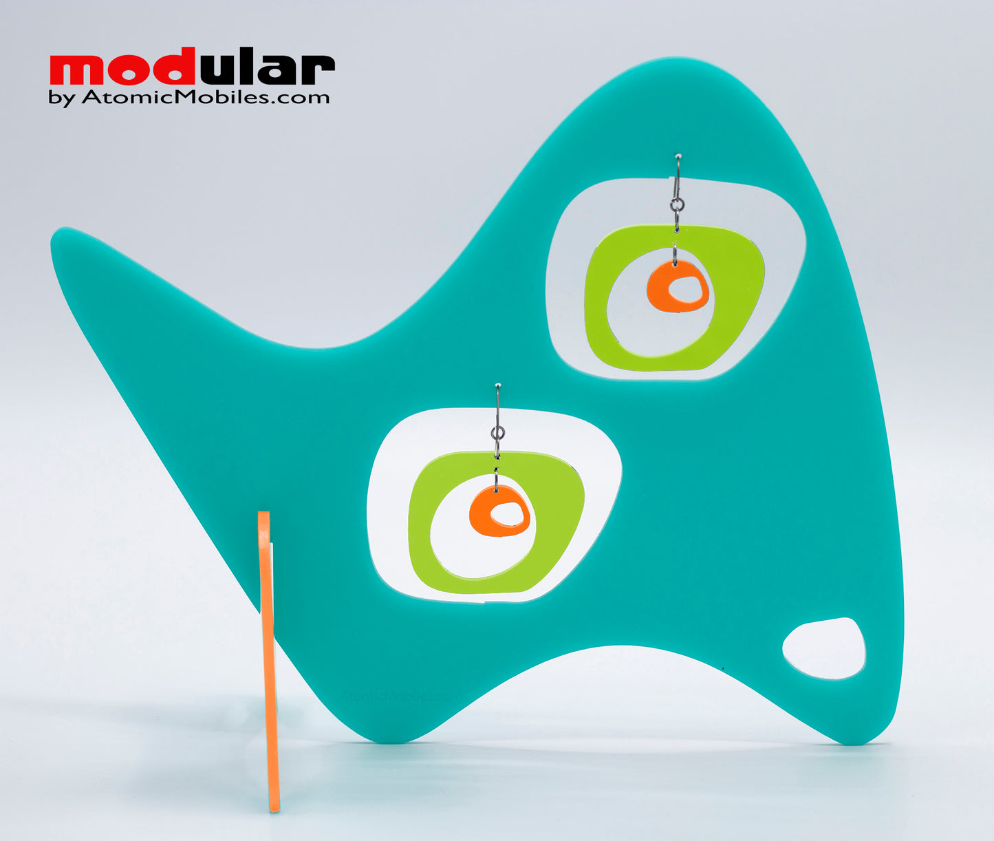 Handmade Paris retro mid century style earrings and stabile kinetic modern art sculpture in Aqua Lime and Orange by AtomicMobiles.com