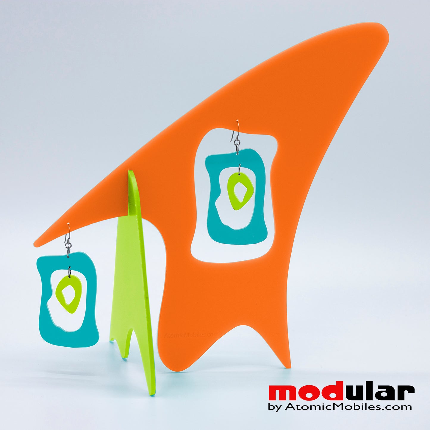 Handmade Modern Bliss midcentury retro style earrings and stabile kinetic modern art sculpture in Orange Lime and Aqua by AtomicMobiles.com
