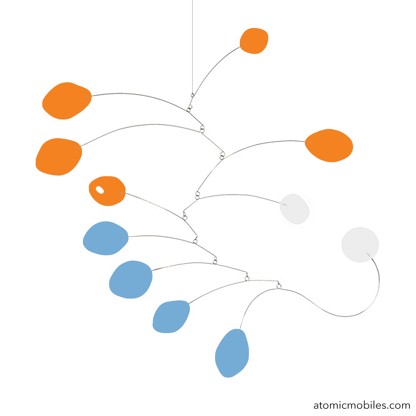 The MCM - in Palm Springs colors of Tangerine Orange, Periwinkle Blue, and White mid century modern kinetic hanging art mobile in lightweight acrylic and stainless steel wire - made to order in Los Angeles by AtomicMobiles.com