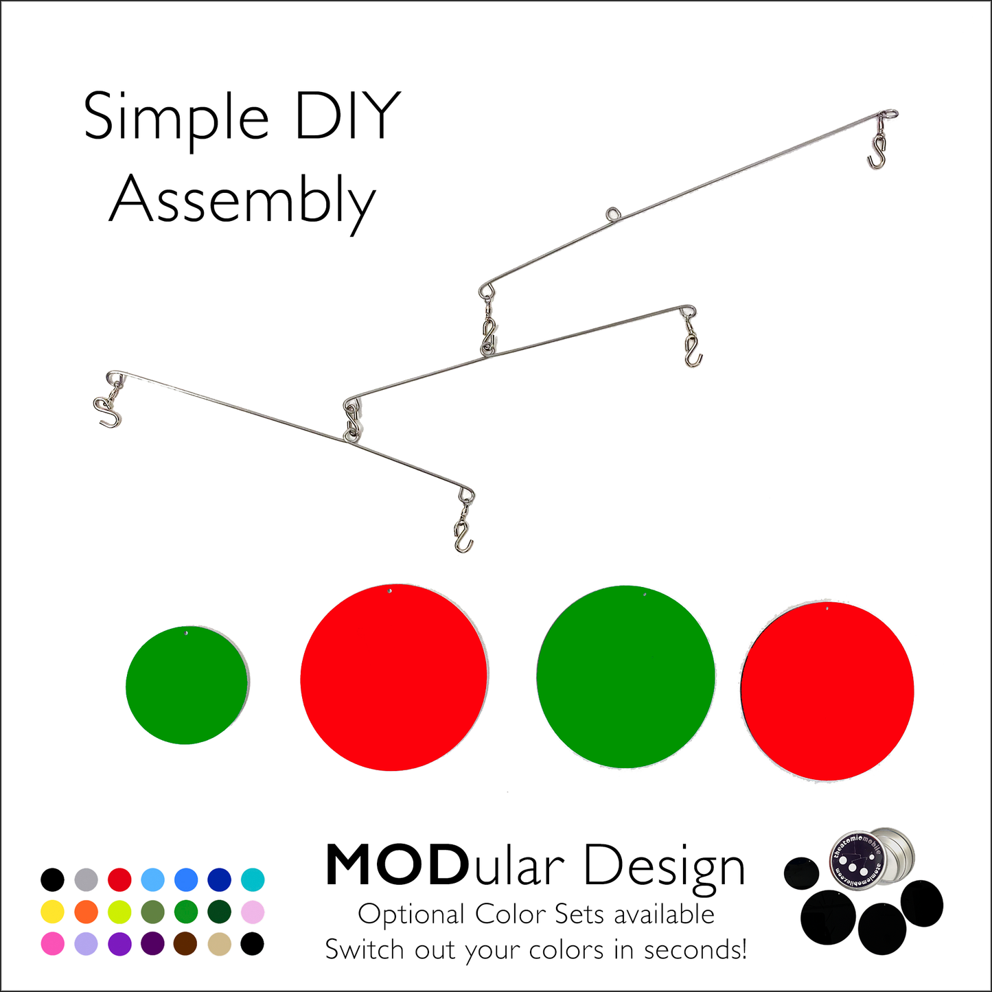 Parts Assembly of hanging art mobiles in festive Christmas colors of red and green by AtomicMobiles.com