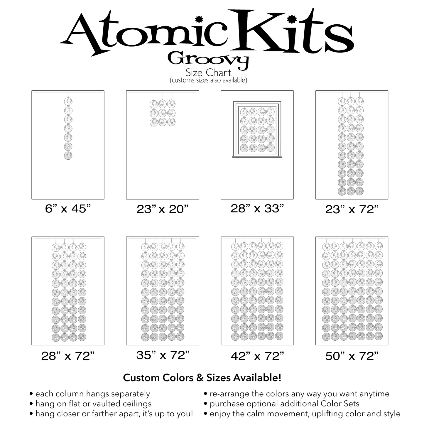 Size Chart for Groovy DIY KIT for mobiles, room dividers, and curtains in Clear Lucite Acrylic by AtomicMobiles.com