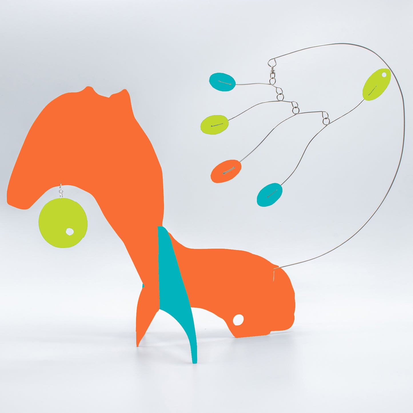 KinetiCats Collection Fox in Orange, Aqua, and Lime Green - one of 12 Modern Cute Abstract Animal Art Sculpture Kinetic Stabiles inspired by Dada and mid century modern style art by AtomicMobiles.com