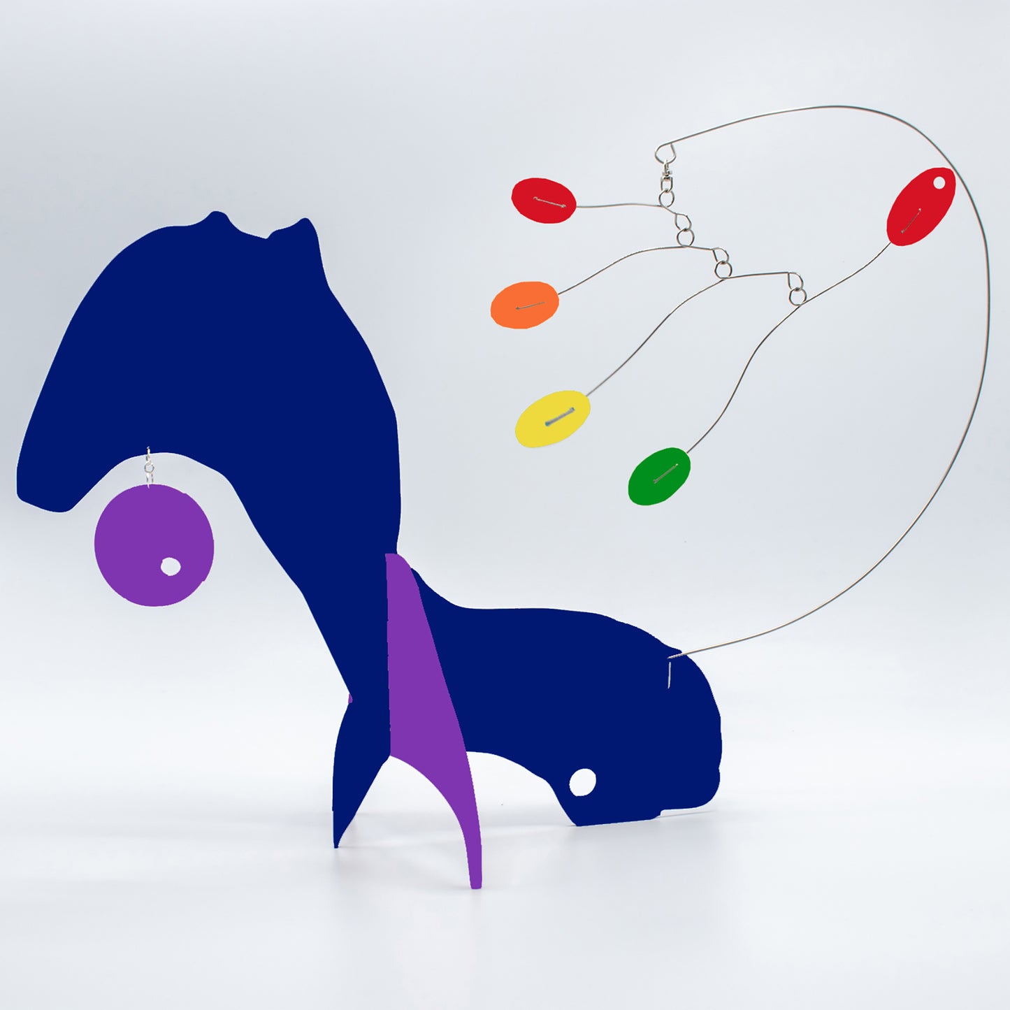 KinetiCats Collection Fox in Navy Blue, Purple, Red, Orange, Yellow and Green - one of 12 Modern Cute Abstract Animal Art Sculpture Kinetic Stabiles inspired by Dada and mid century modern style art by AtomicMobiles.com