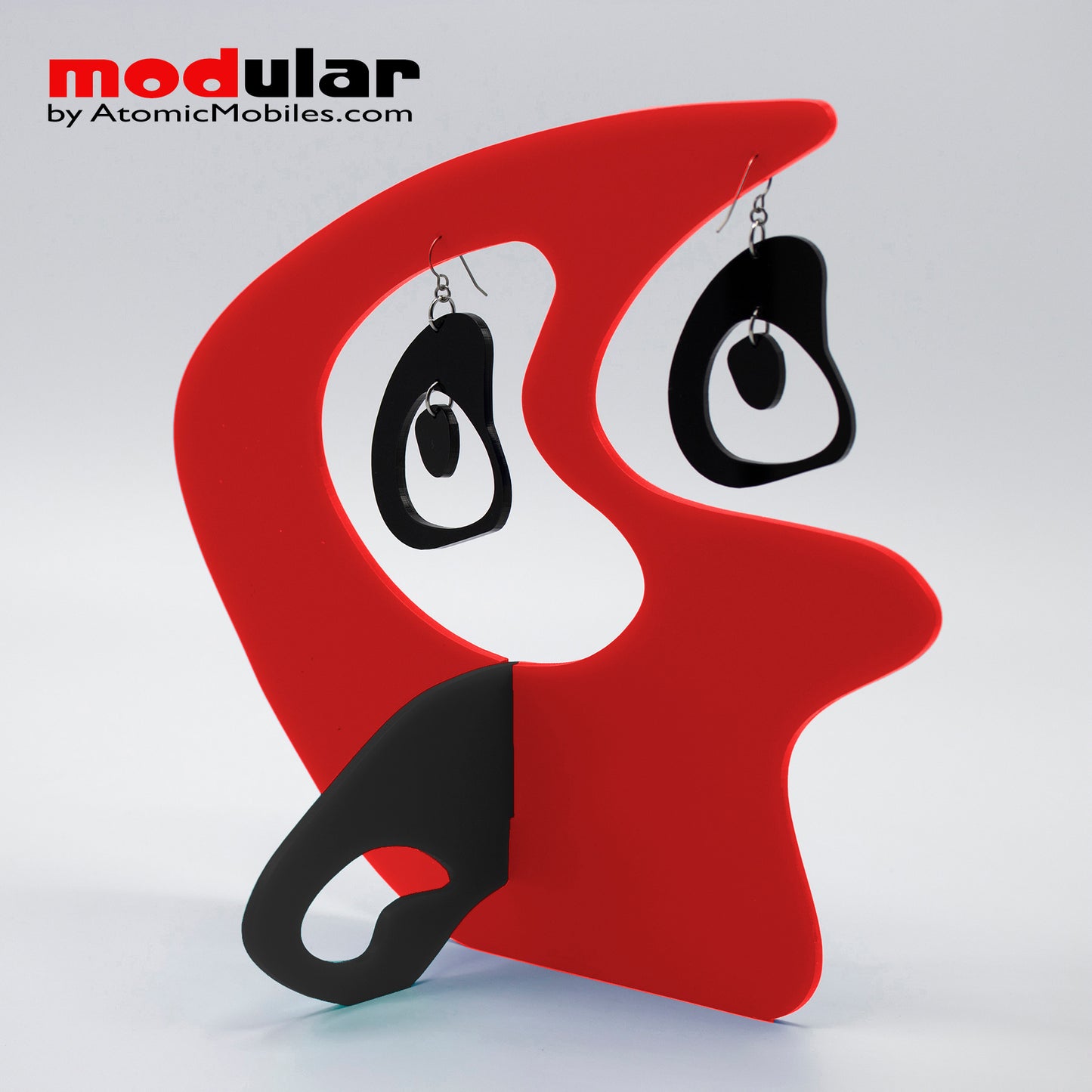 Handmade Boomerang Retro style earrings and stabile kinetic modern art sculpture in Red and Black by AtomicMobiles.com