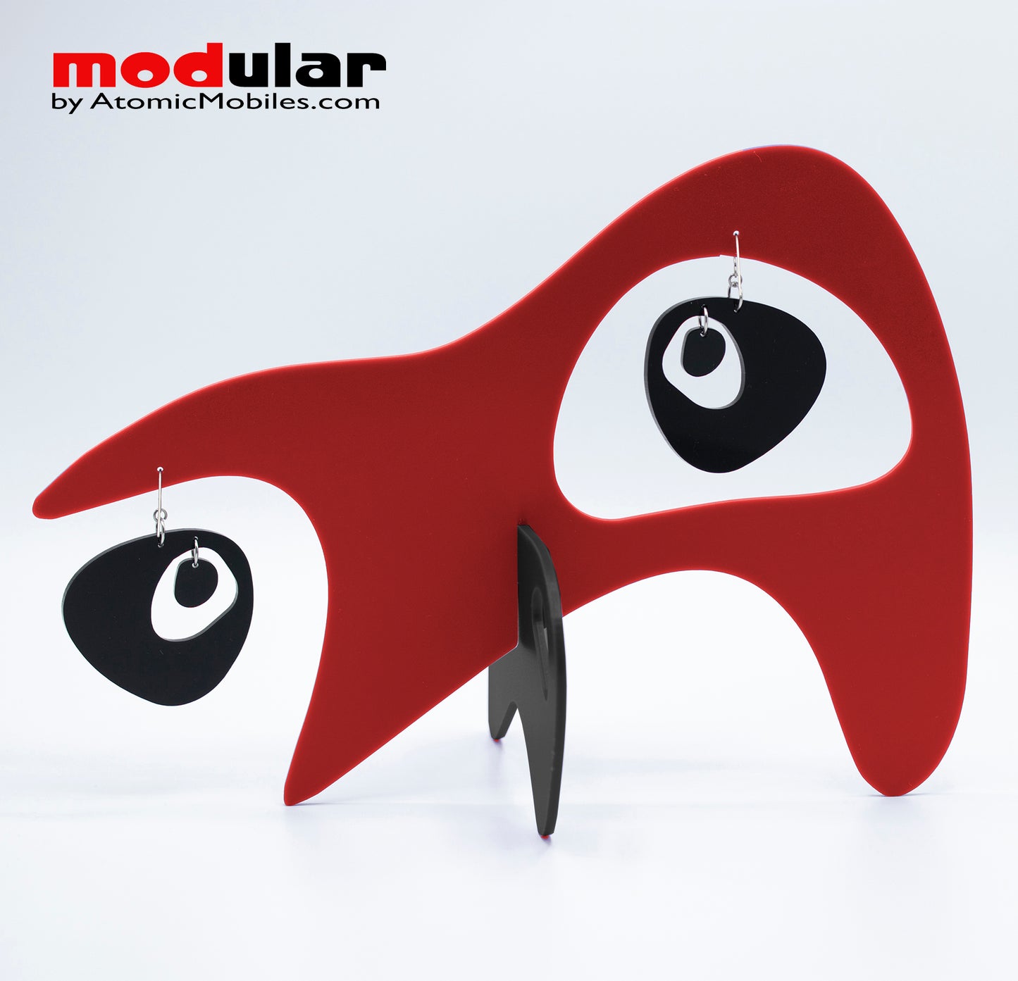 Handmade Googie style earrings and stabile kinetic modern art sculpture in Red and Black by AtomicMobiles.com