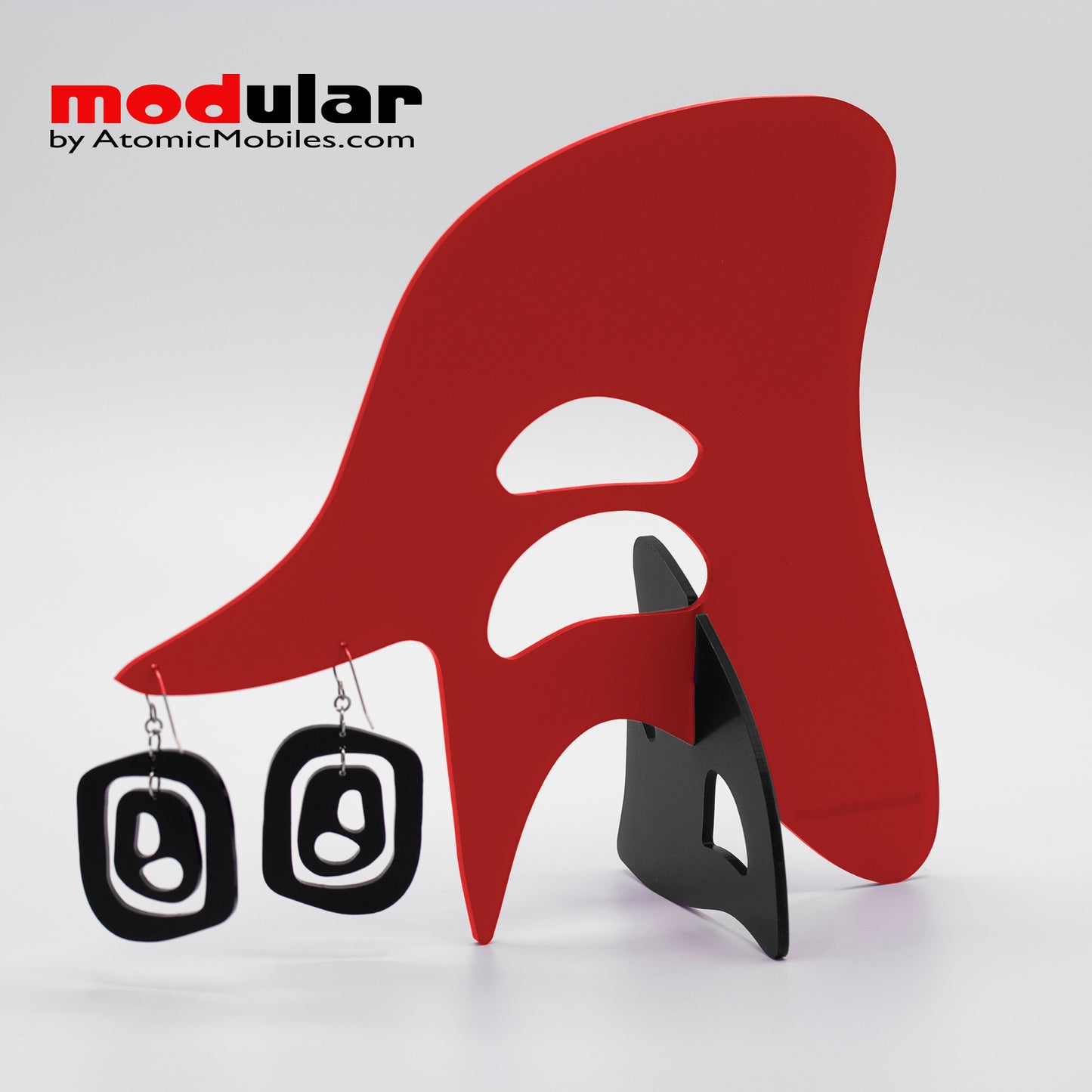 Handmade Mid 20th mod style earrings and stabile kinetic modern art sculpture in Red and Black by AtomicMobiles.com