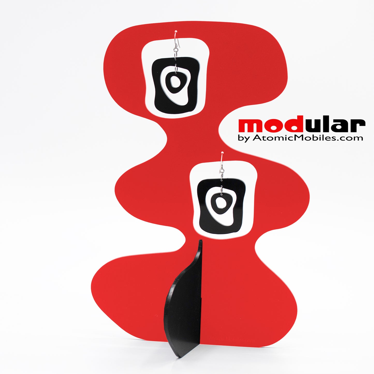 Handmade Mid Mod retro midcentury style earrings and stabile kinetic modern art sculpture in Red and Black by AtomicMobiles.com