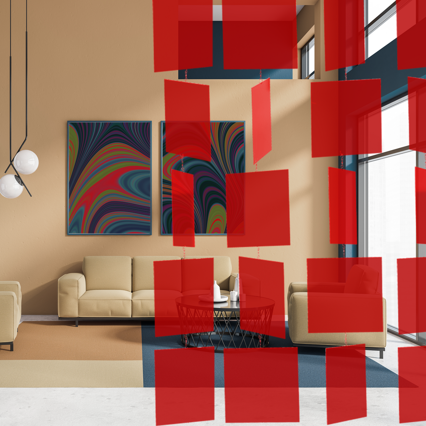 Clear Red MODcast kinetic hanging art mobile / room divider in acrylic plexiglass for home decor - in modern tan room with bold abstract framed art - handmade in Los Angeles by AtomicMobiles.com