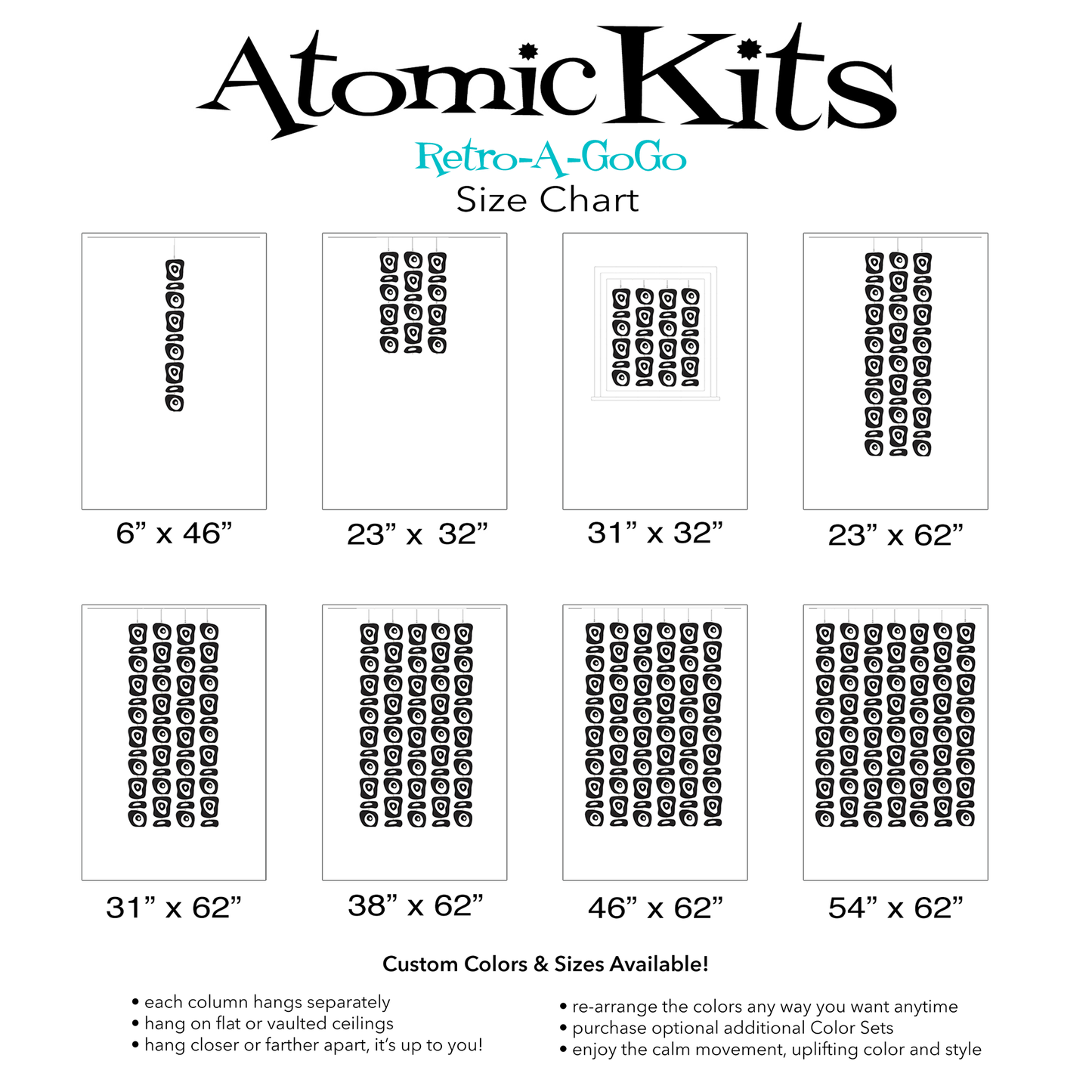 Size Chart for Retro-A-GoGo Style Atomic Kits to make hanging mobiles, curtains, and room dividers in mid century modern decor by AtomicMobiles.com