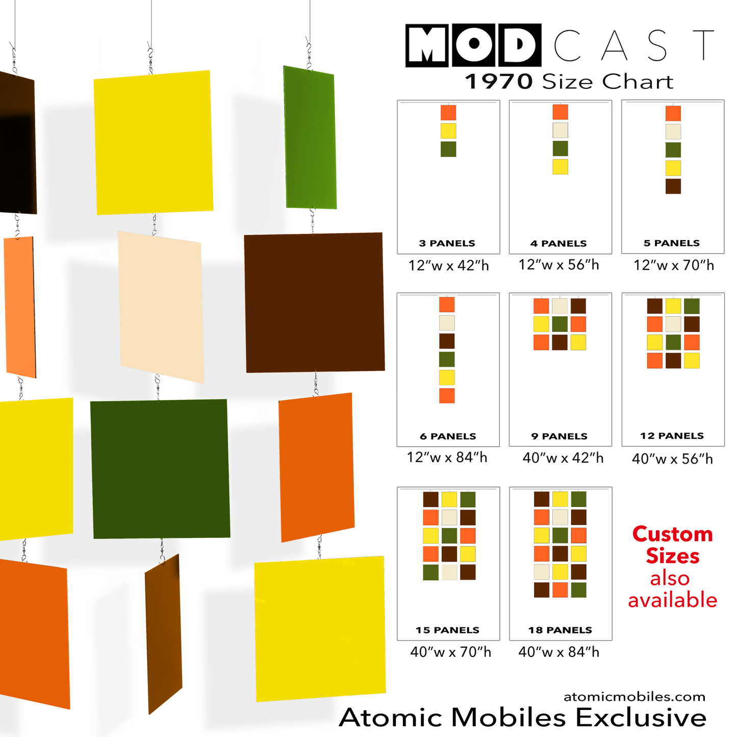 Size Chart for 1970 MODcast Hanging Art Mobiles in Orange, Olive Green, Yellow, Cream, and Brown, - mid century modern style kinetic art by AtomicMobiles.com