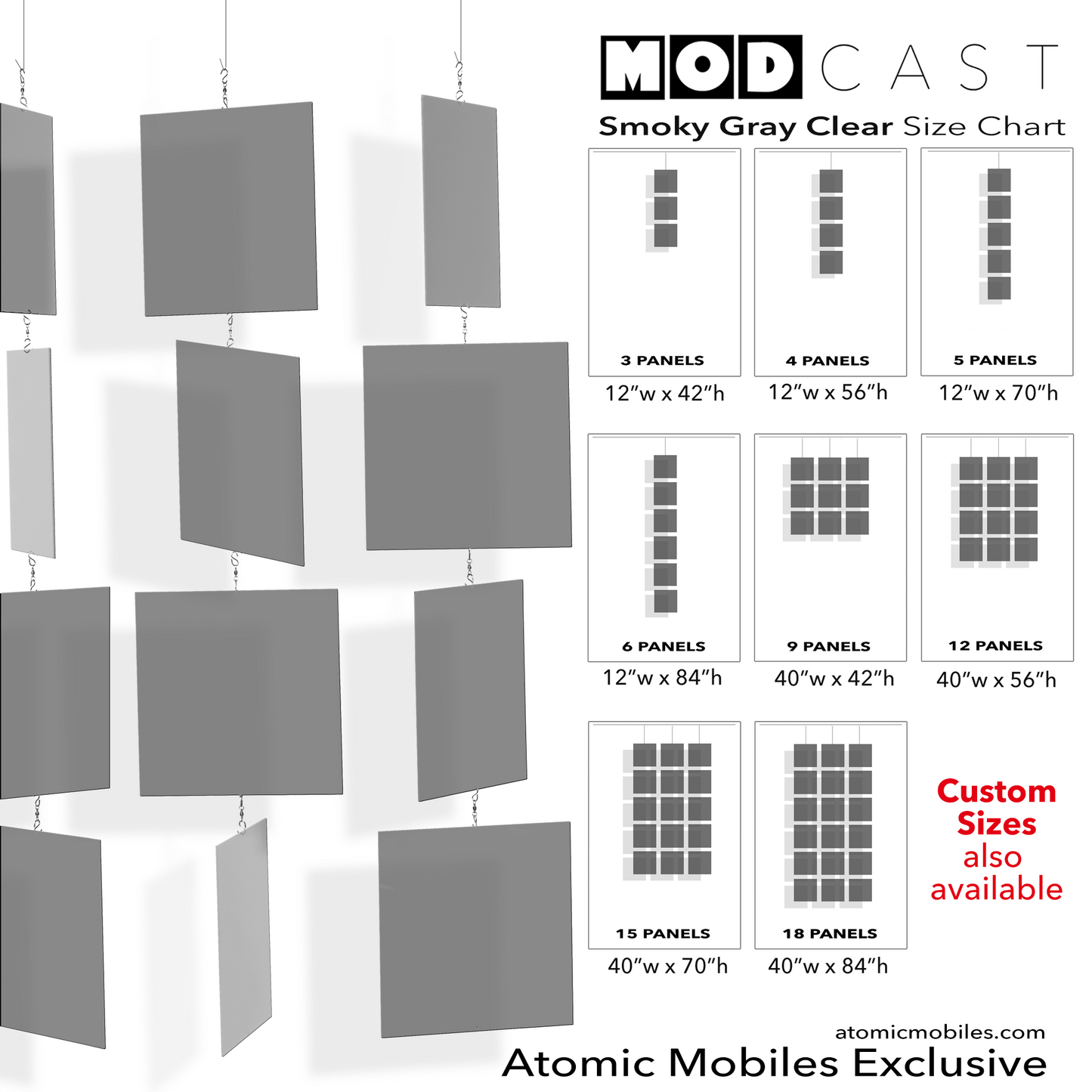 Modernist MODcast mid century modern style kinetic hanging art mobile for home decor in clear color Smoky Gray acrylic plexiglass - handmade in Los Angeles California by AtomicMobiles.com