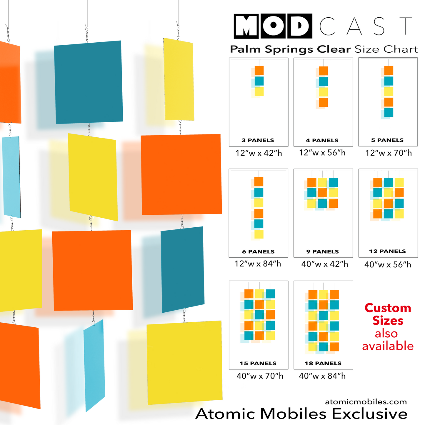 Modernist MODcast mid century modern style kinetic hanging art mobile for home decor in clear color Orange, Teal, and Yellow acrylic plexiglass - handmade in Los Angeles California by AtomicMobiles.com
