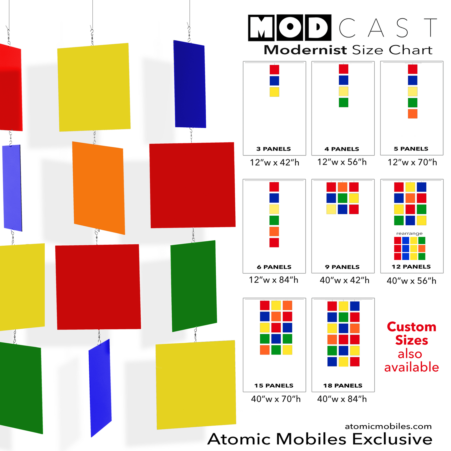 Size Chart for Modernist MODcast Hanging Art Mobiles in Red, Navy Blue, Yellow, Green, and Orange - mid century modern style kinetic art by AtomicMobiles.com