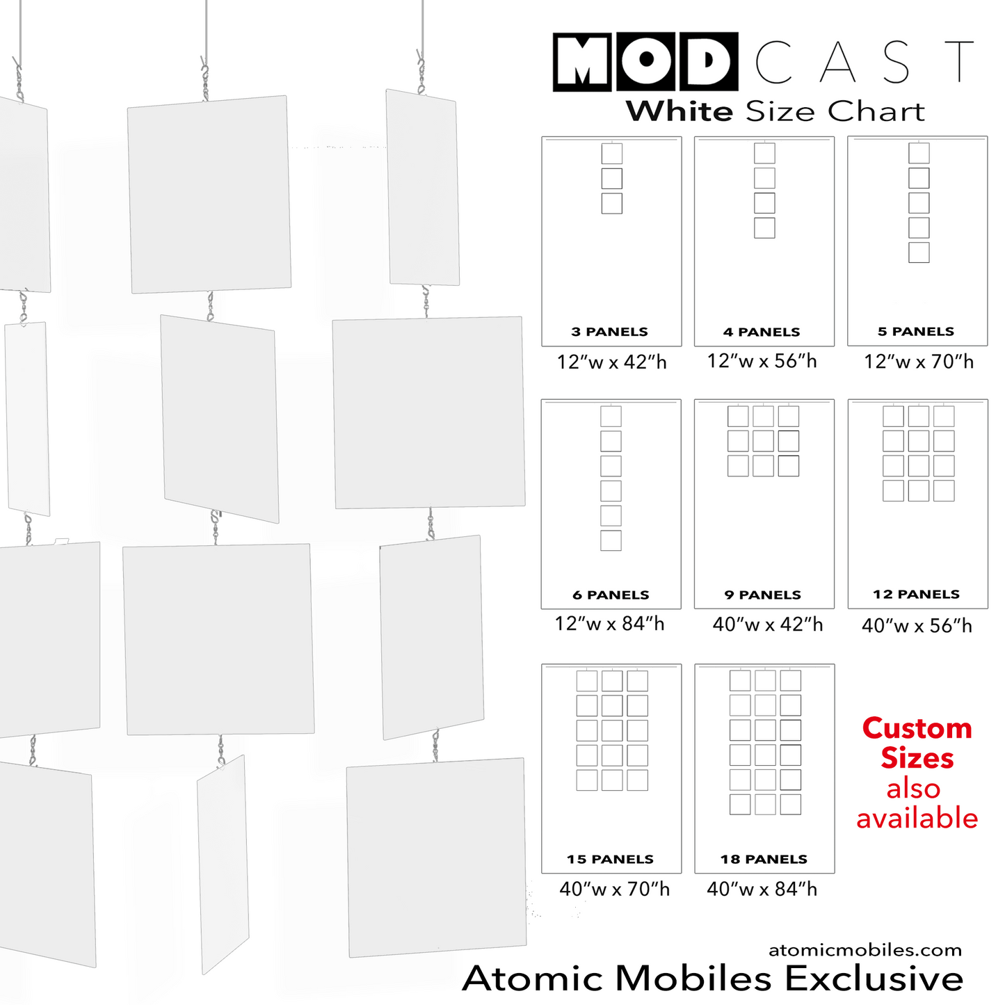 Size Chart for White MODcast Hanging Art Mobiles - mid century modern style kinetic art by AtomicMobiles.com