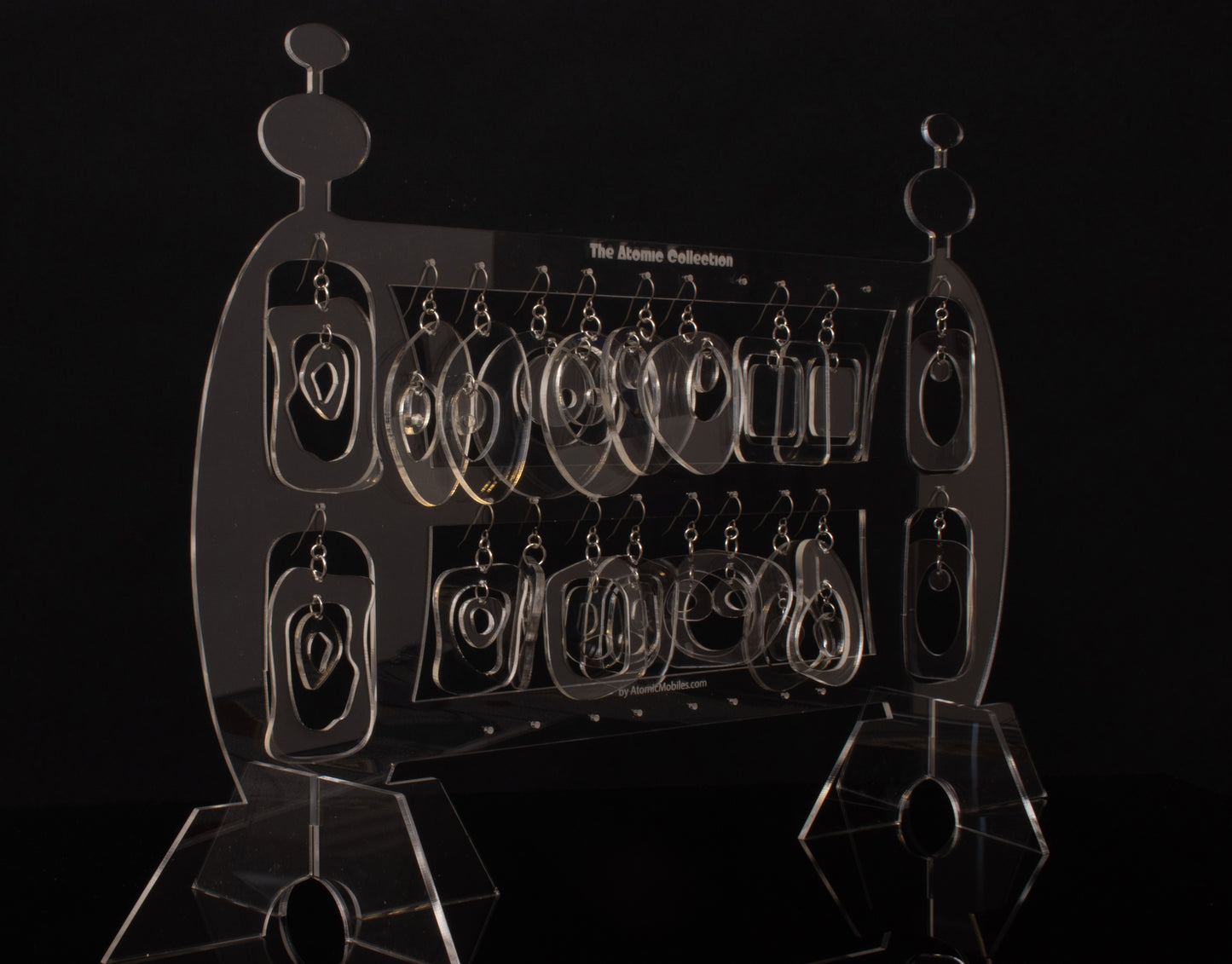 Clear Lucite Mod Earrings by AtomicMobiles.com - retro earrings set becomes an art sculpture with earring holder