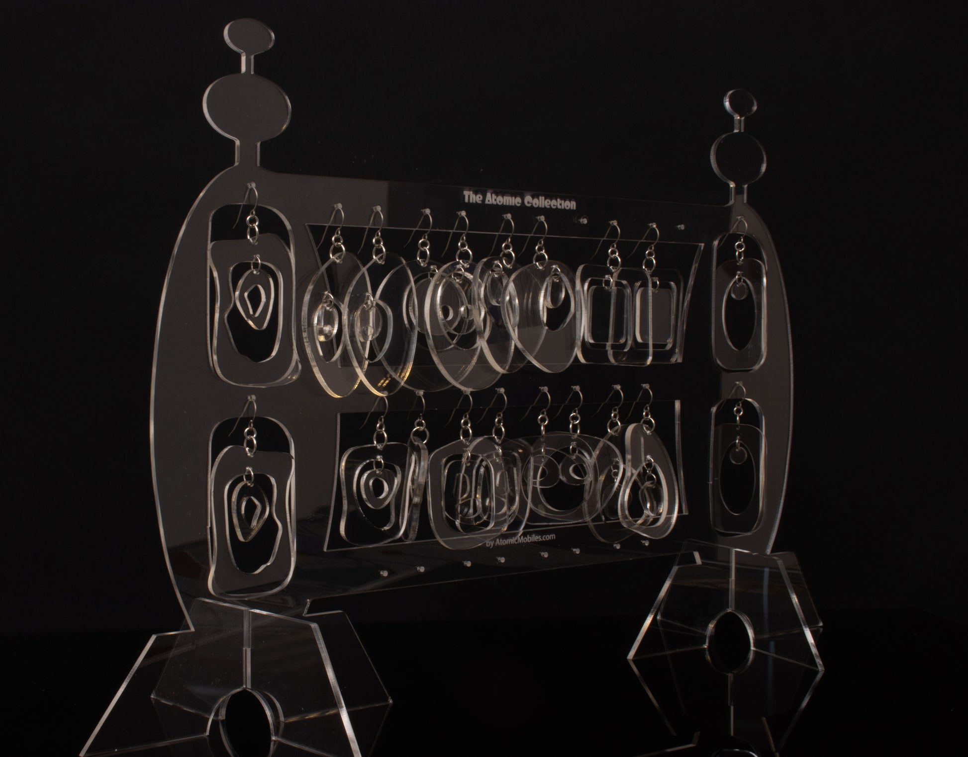 Clear Lucite Mod Earrings by AtomicMobiles.com - retro earrings set becomes an art sculpture with earring holder