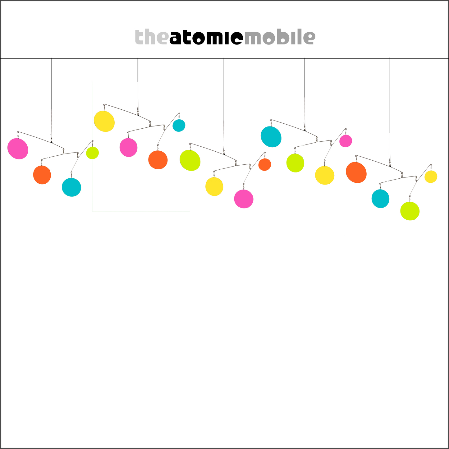 The Atomic Mobile in Delightful Colors of Orange, Aqua, Lime, Yellow, Hot Pink - kinetic hanging art mobiles for your home and office - by AtomicMobiles.com