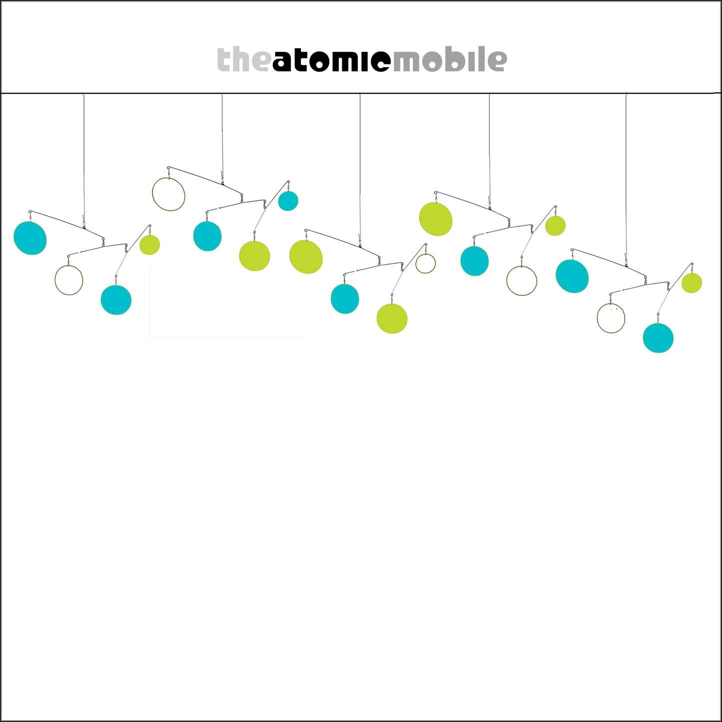 The Atomic Mobile in colors of Lime Green, Aqua, and White - kinetic hanging art mobiles for your home and office - by AtomicMobiles.com