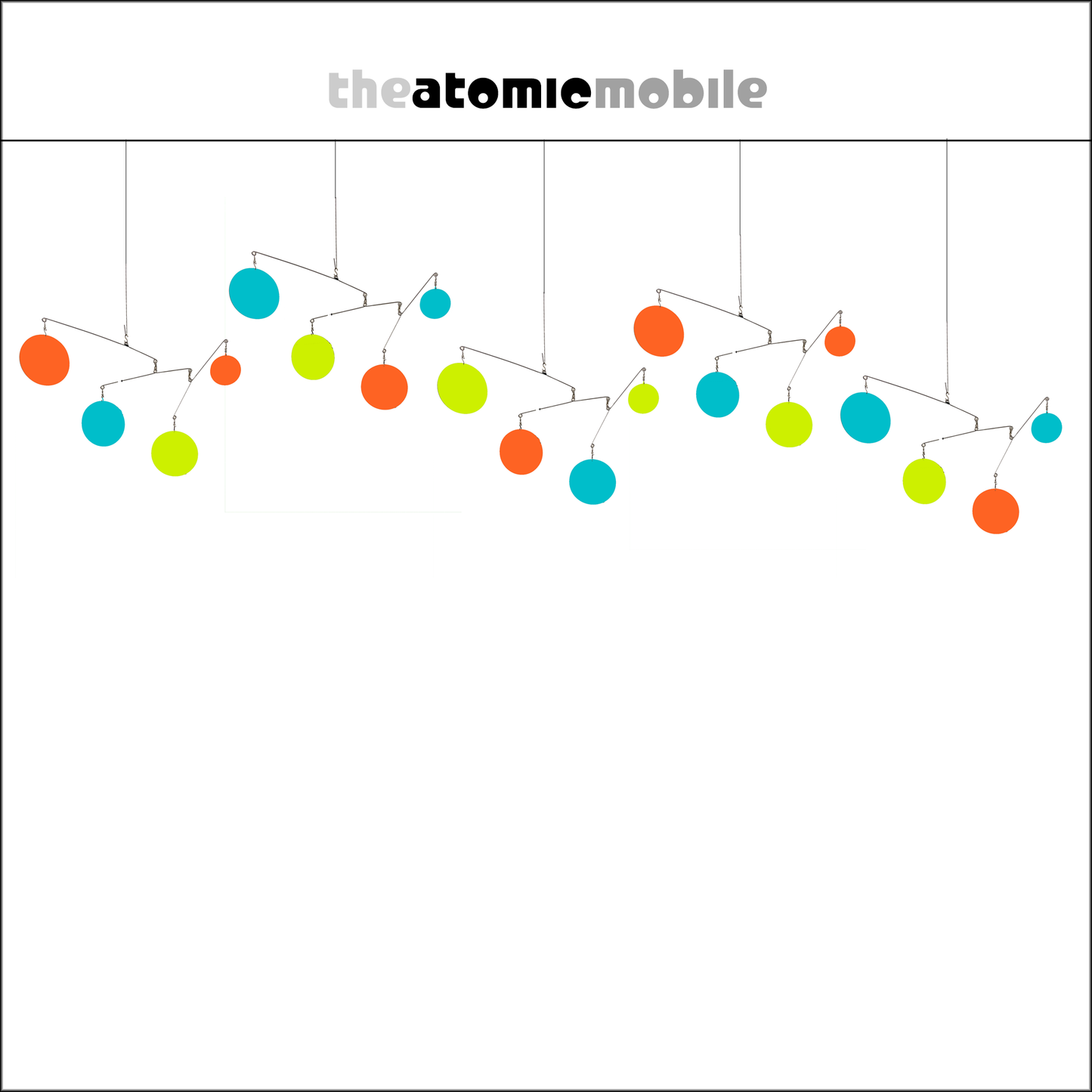The Atomic Mobile in Palm Springs colors of Orange, Lime Green, and Aqua Blue - kinetic hanging art mobiles for your home and office - by AtomicMobiles.com