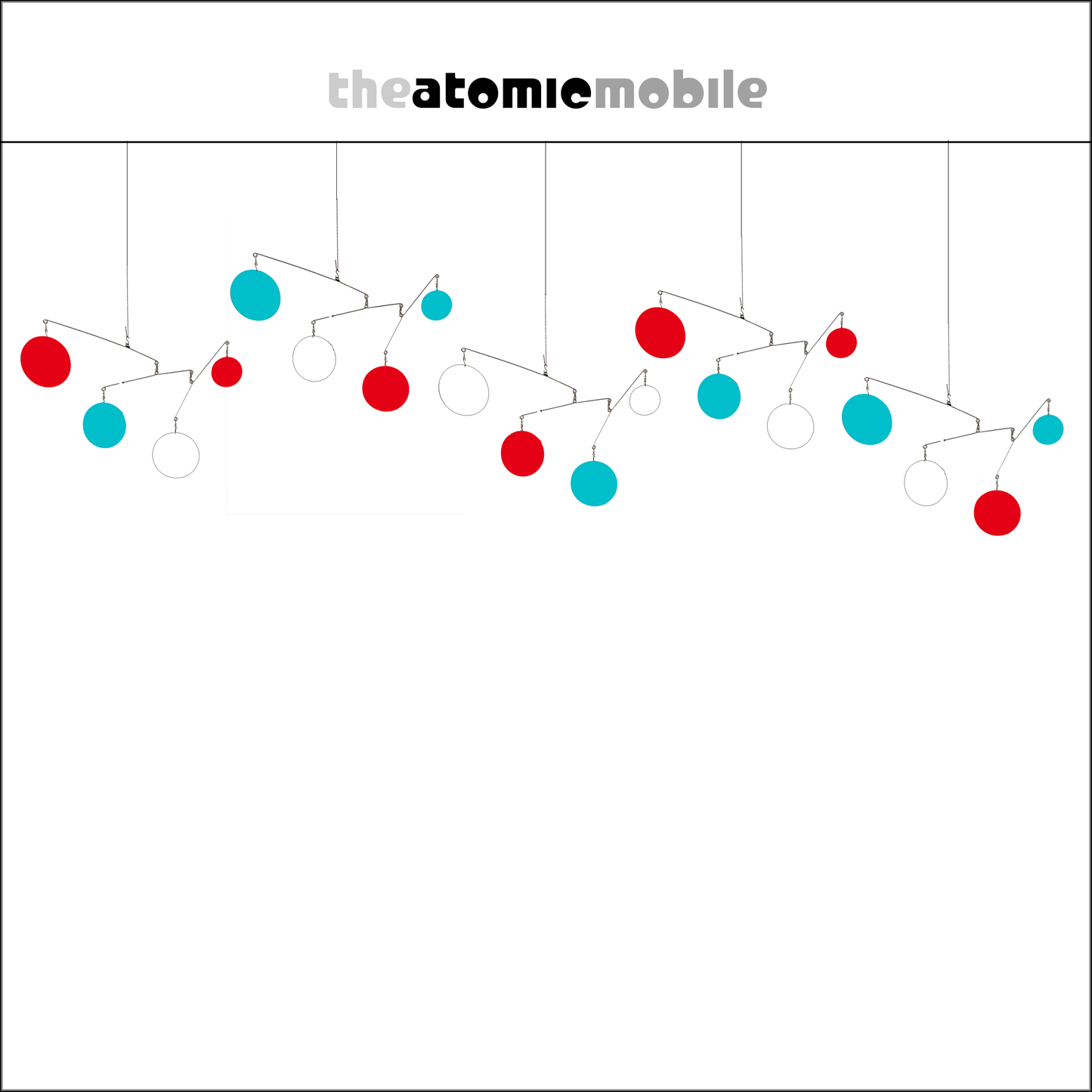 The Atomic Mobile in Retro colors of Red, Aqua, and White - kinetic hanging art mobiles for your home and office - by AtomicMobiles.com