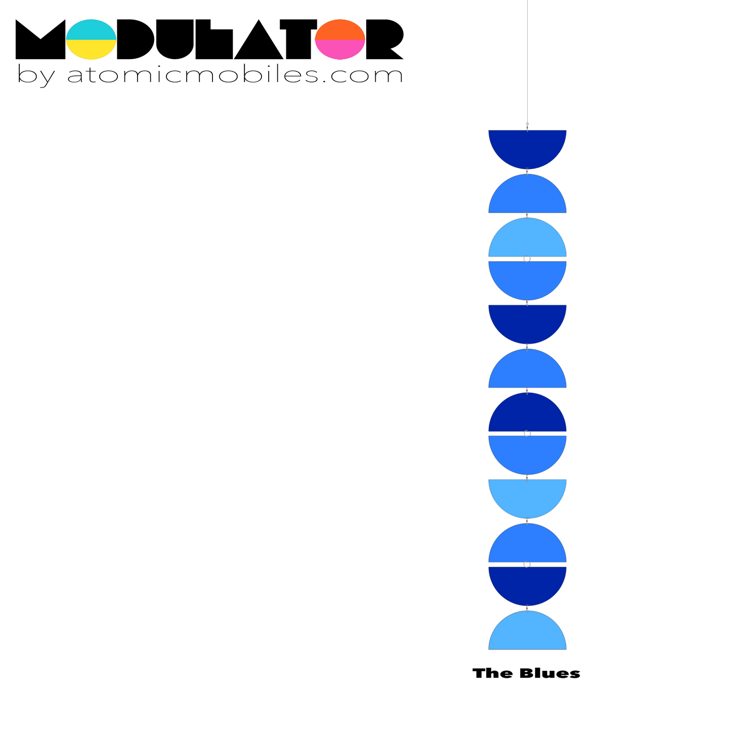MODulator Vertical Art Mobile - retro mid century modern style hanging art mobile in The Blues colors of navy, blue, and light blue by AtomicMobiles.com