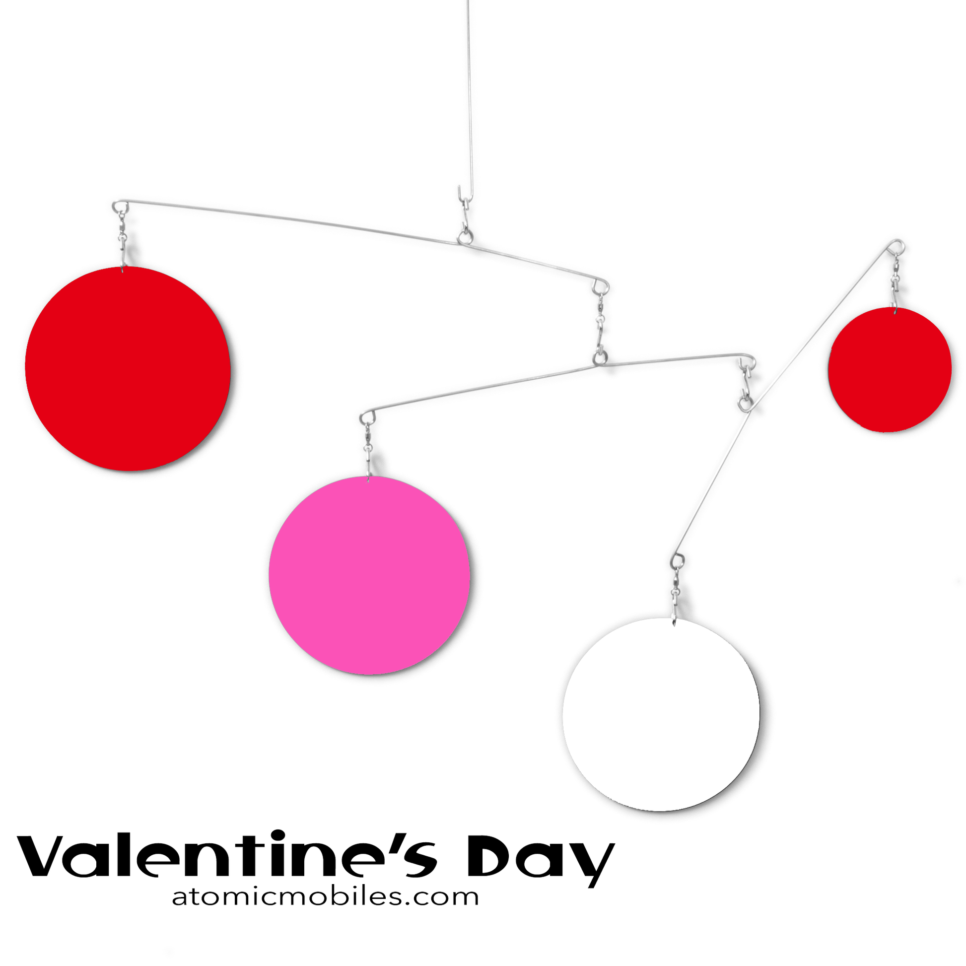 Unique Valentine's Day Decoration - kinetic hanging art mobile in Valentines colors of Red, Hot Pink, and White by AtomicMobiles.com