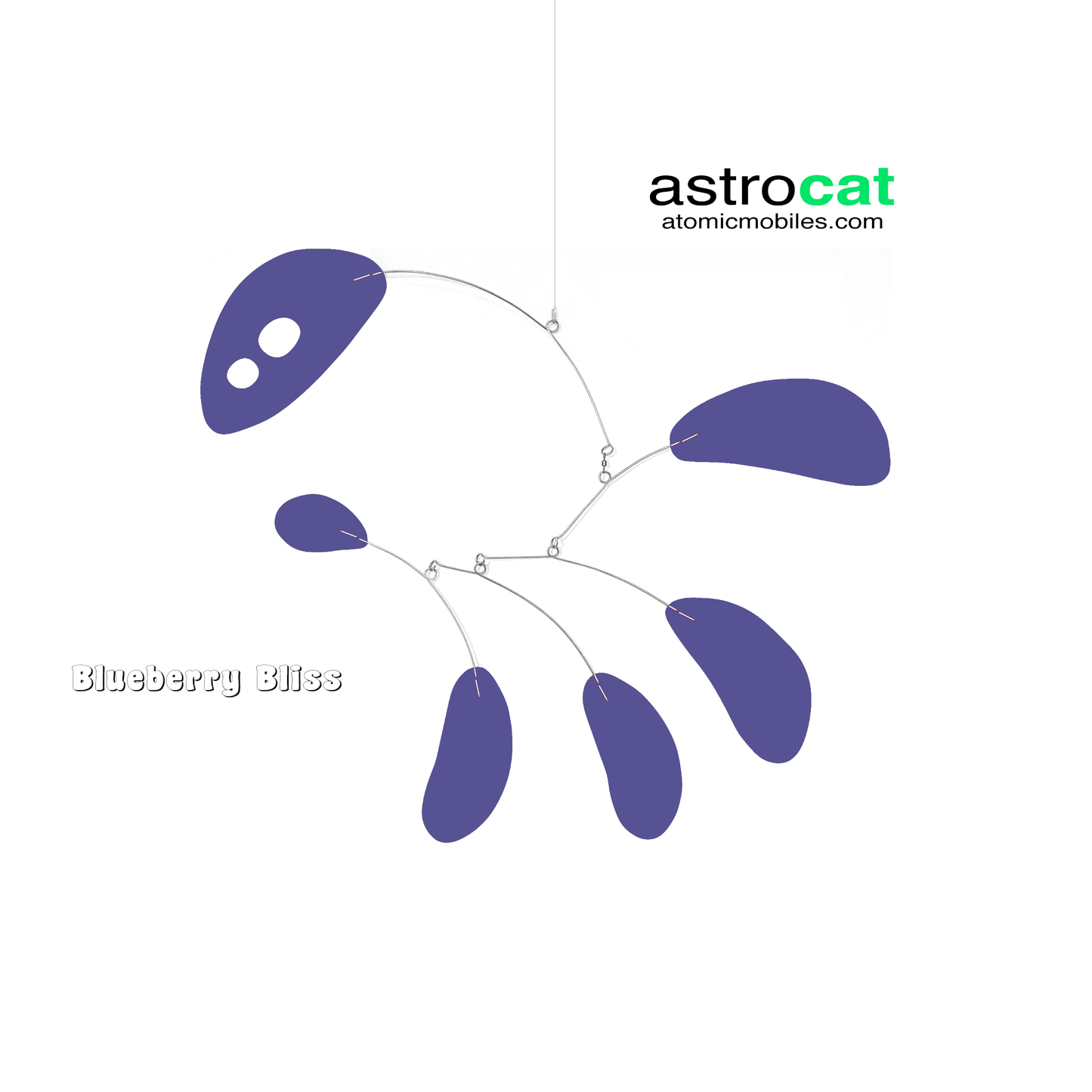 AstroCat hanging art mobile in purple Blueberry Bliss color - kinetic mid century modern inspired art by AtomicMobiles.com