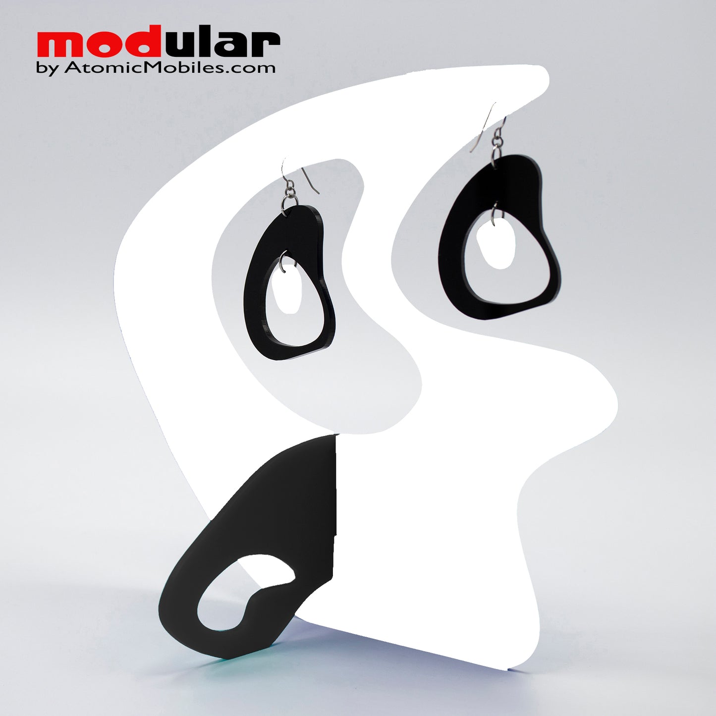 Handmade Boomerang Retro style earrings and stabile kinetic modern art sculpture in White and Black by AtomicMobiles.com