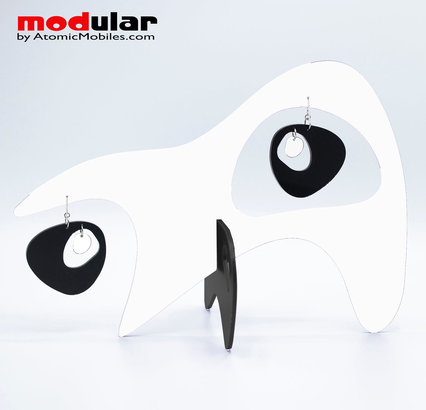 Handmade Googie style earrings and stabile kinetic modern art sculpture in White and Black by AtomicMobiles.com