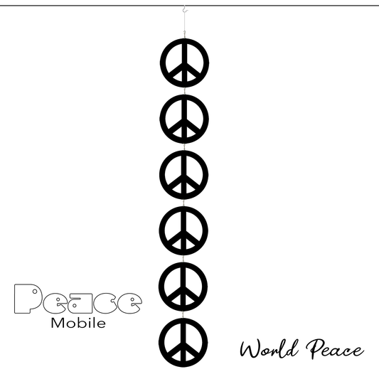 Peace Mobile - 6 Peace signs in a black kinetic hanging art mobile symbolizes World Peace - by AtomicMobiles.com