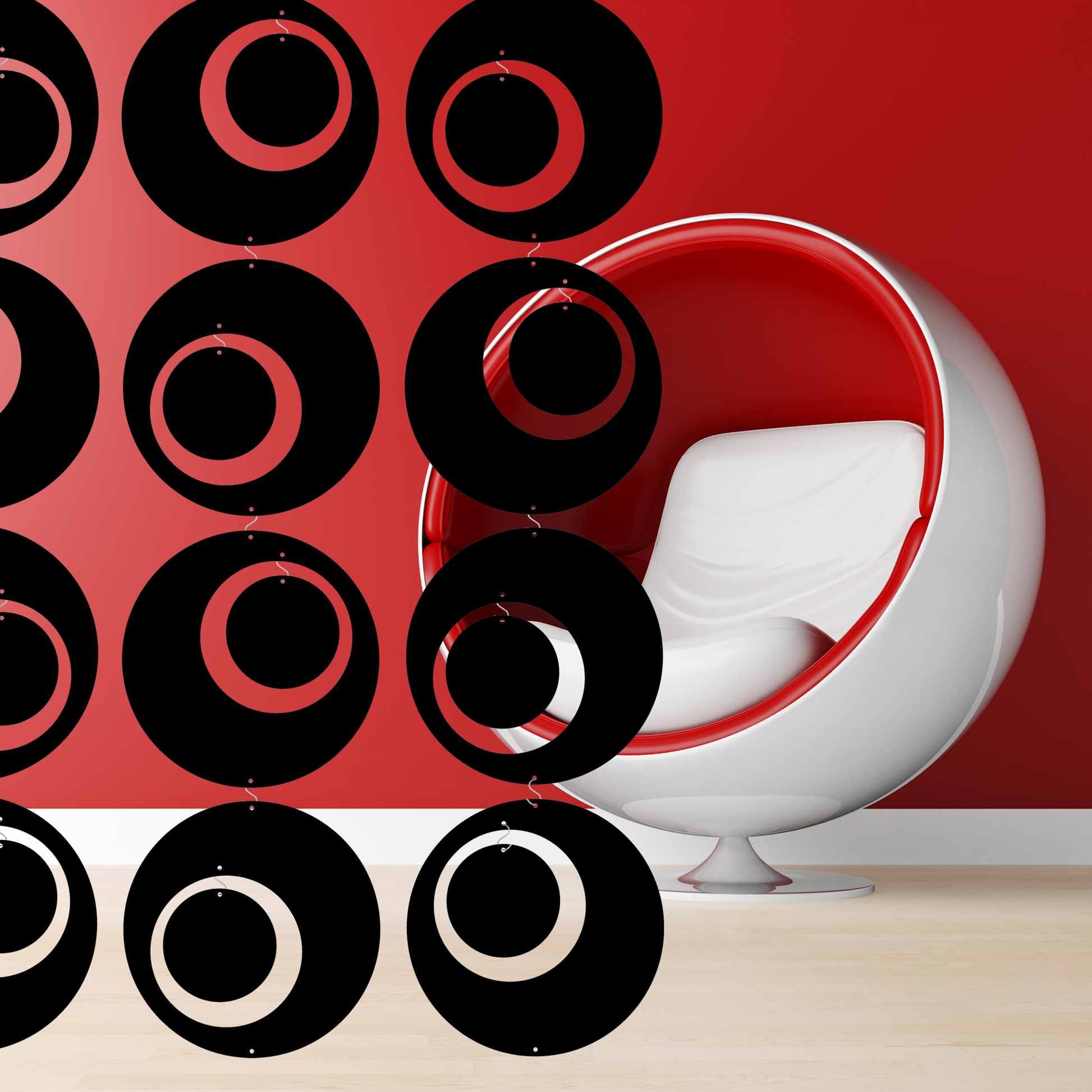 Groovy black hanging curtain room divider in red room with white and red mod egg chair - kinetic art by AtomicMobiles.com