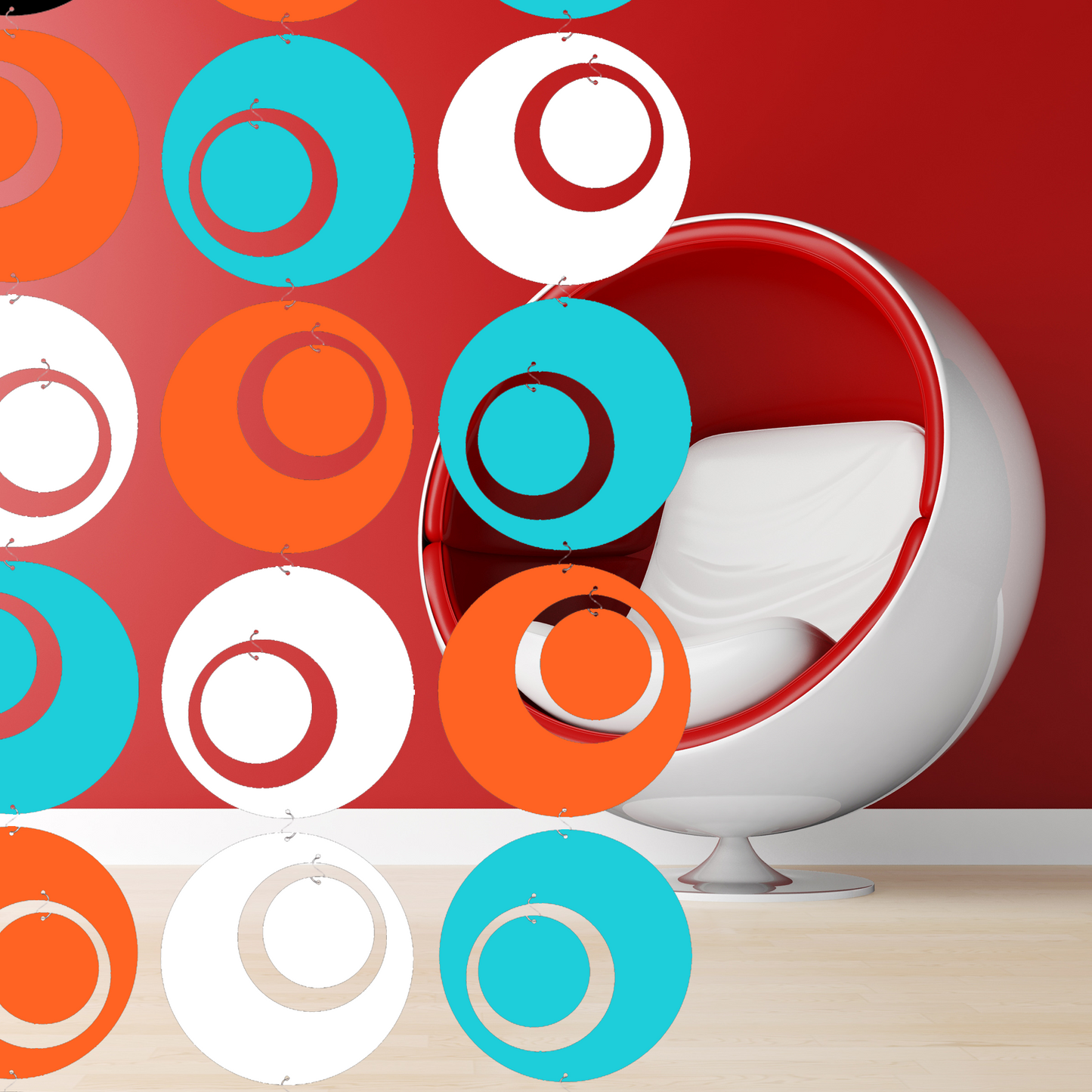 XL Groovy Hanging Art Mobile and Room Divider in Palm Springs colors of Orange, Aqua blue and White with retro Egg Chair by AtomicMobiles.com