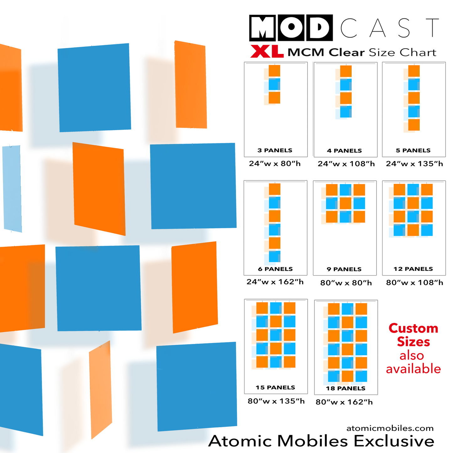 XL MODcast kinetic hanging art mobiles in mid century modern style in MCM orange and blue clear acrylic plexiglass for modern home decor by AtomicMobiles.com