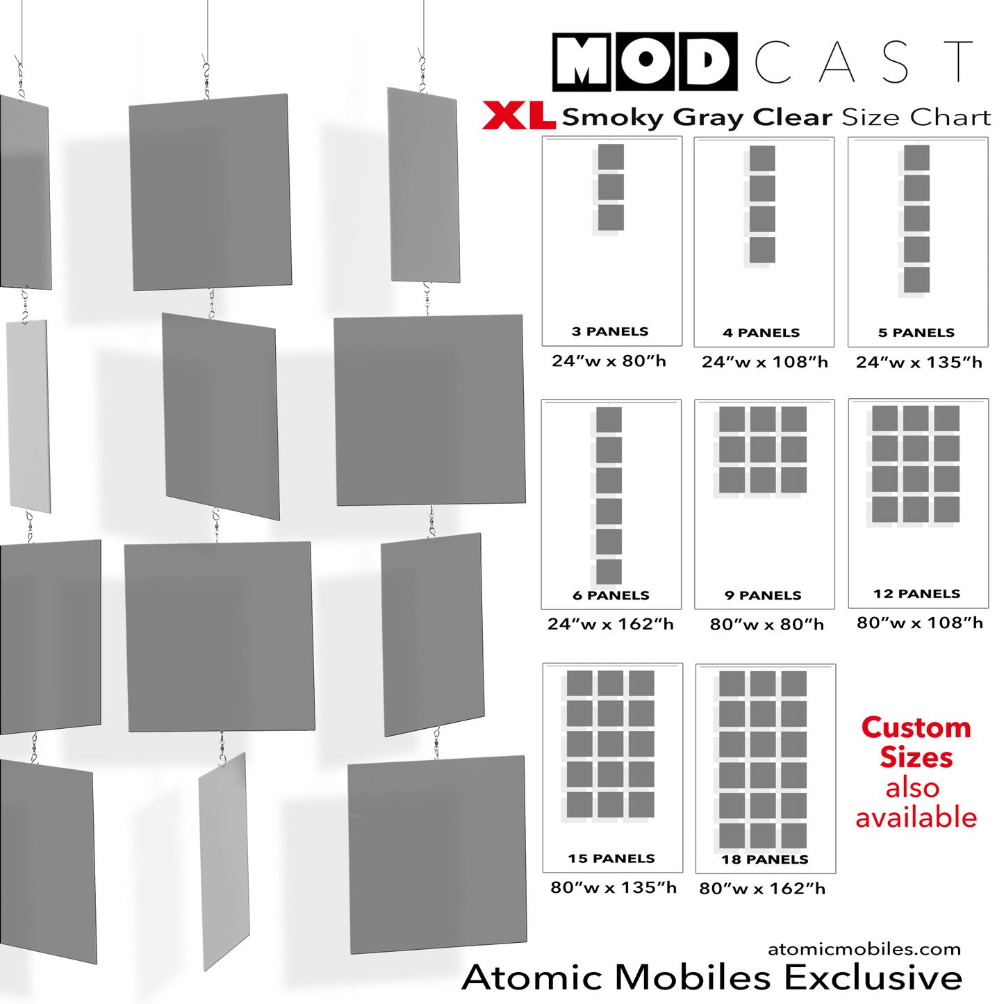 XL MODcast kinetic hanging art mobiles in mid century modern style in smoky gray clear acrylic plexiglass by AtomicMobiles.com