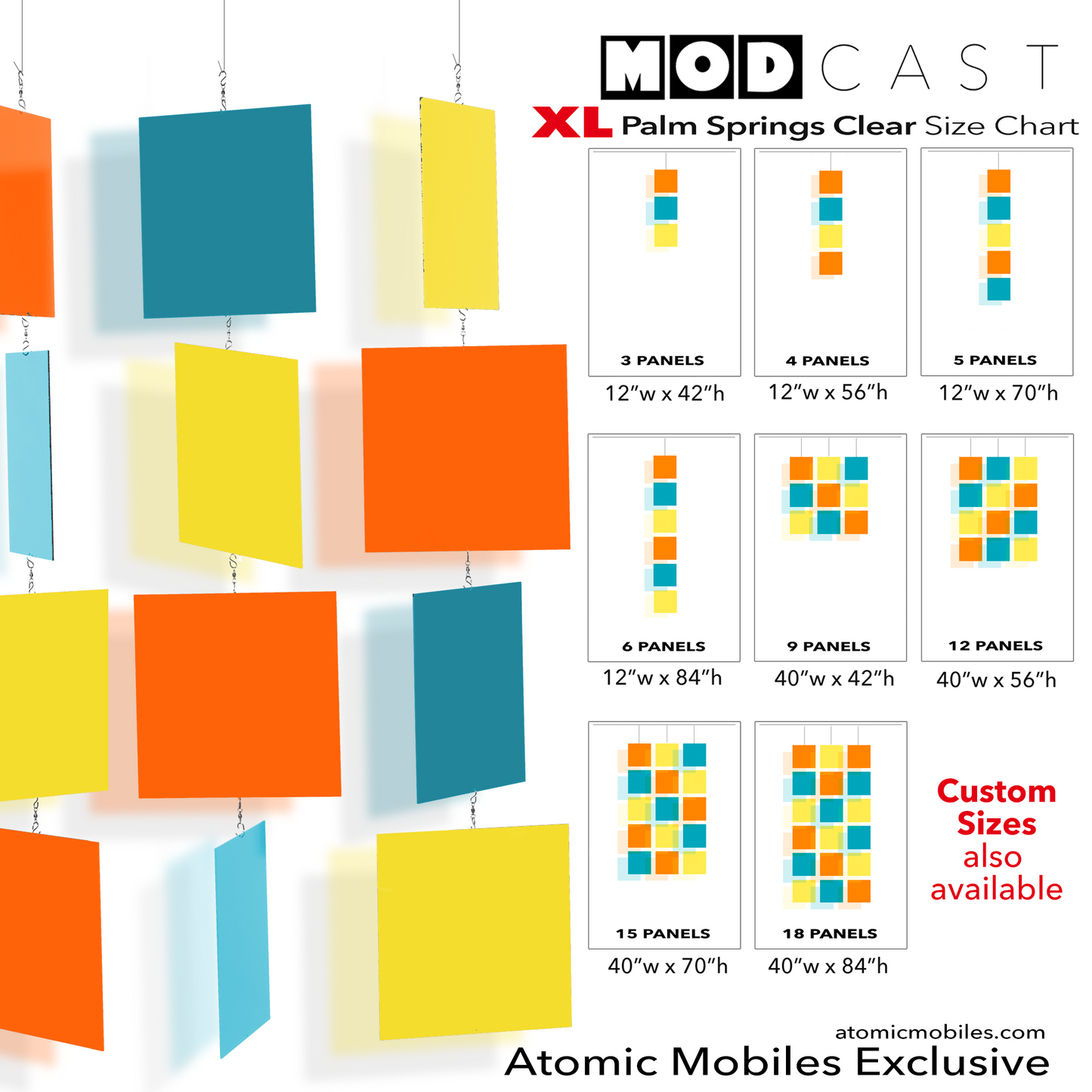 XL MODcast kinetic hanging art mobiles in mid century modern style in Palm Springs clear acrylic plexiglass in Orange, Teal, and Yellow by AtomicMobiles.com