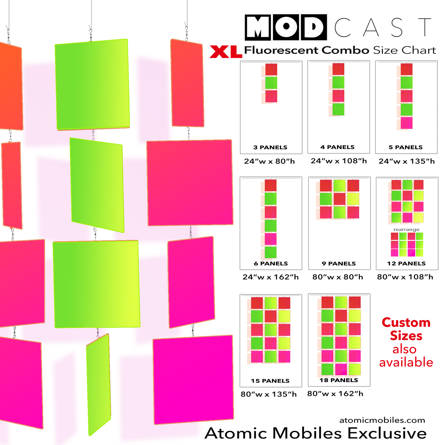 Size Chart for MODcast XXL Huge hanging art mobiles in Combo fluorescent pink and lime green acrylic plexiglass - made in Los Angeles by AtomicMobiles.com